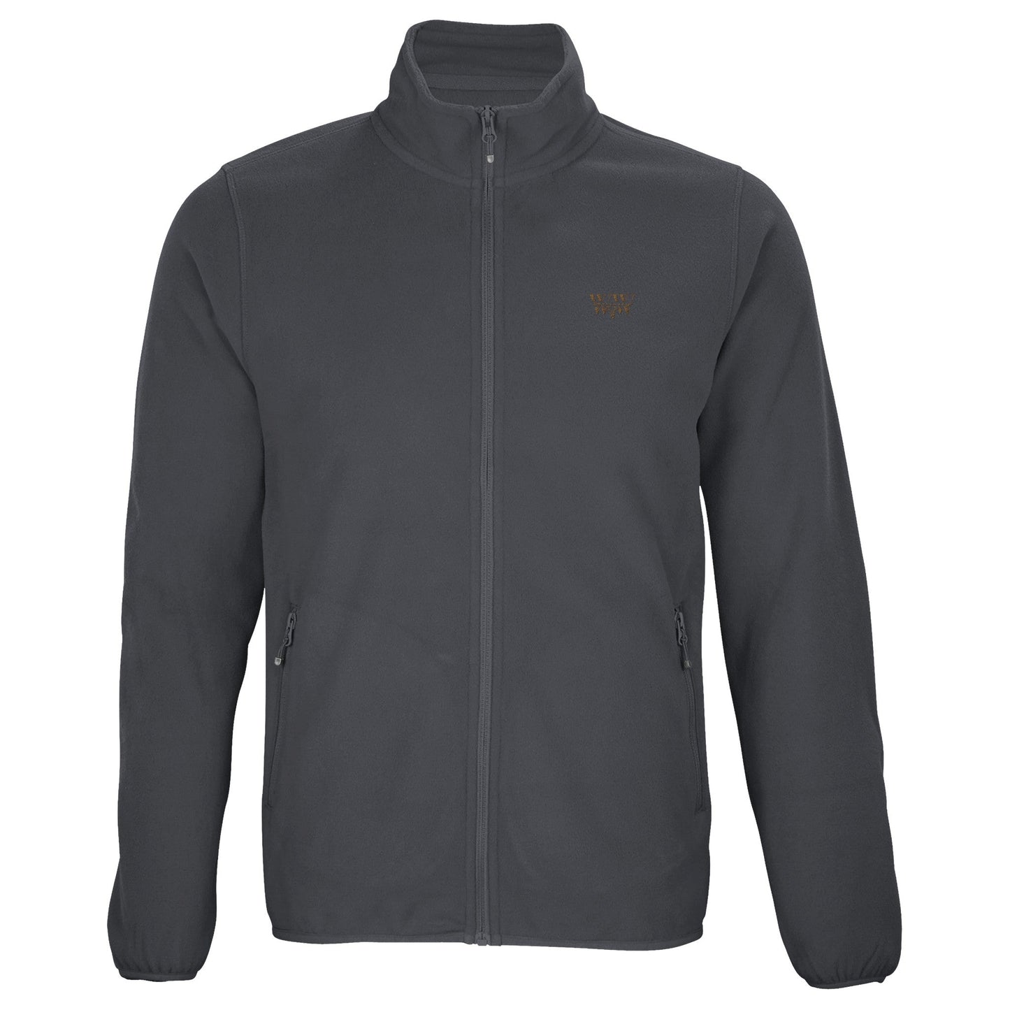 Men's WanderWest logo embroidered microfleece jacket in dark color with full-length zip and zip pockets.