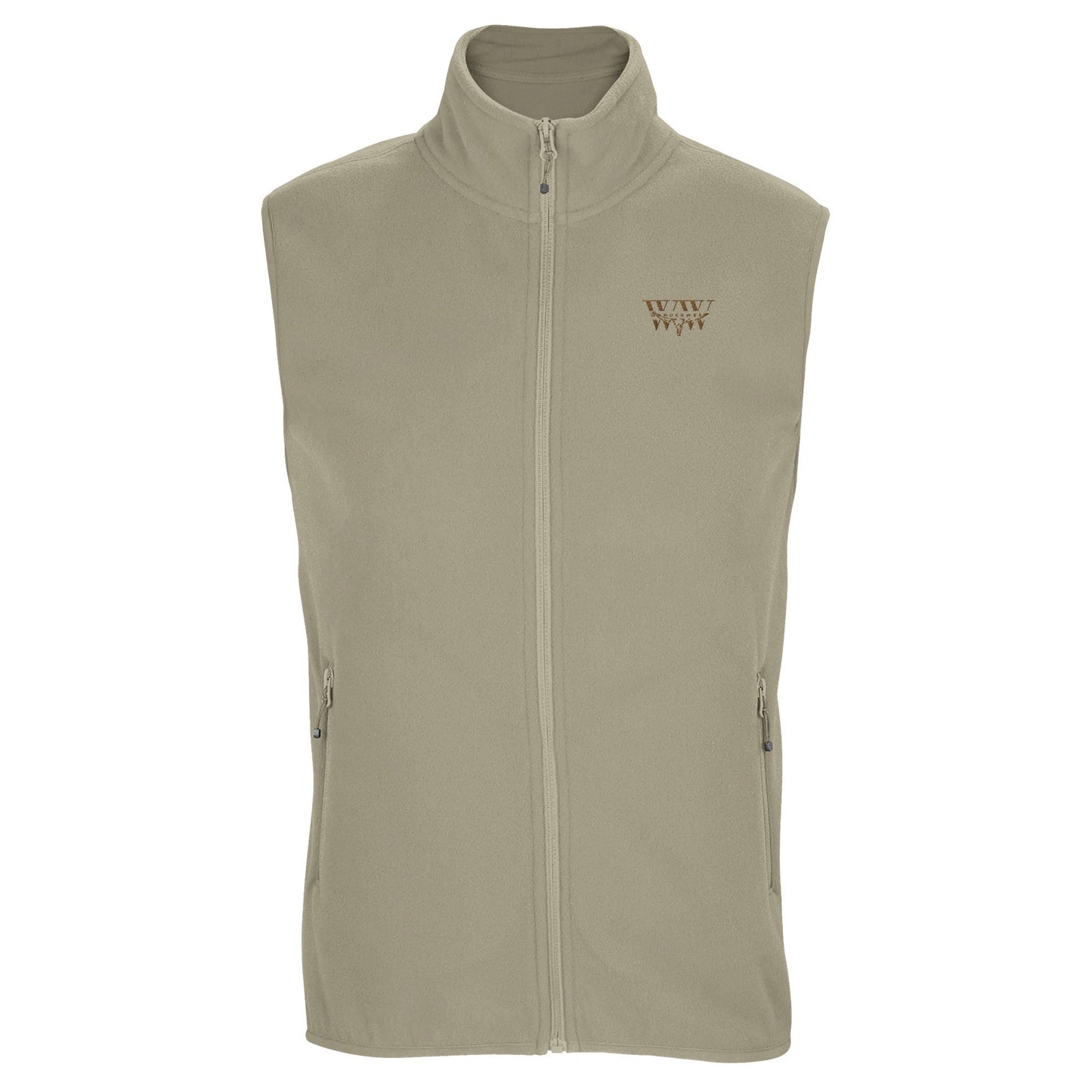 Unisex microfleece zip vest with WanderWest logo, made from 100% recycled polyester, featuring side zip pockets and contrasting zip pullers.