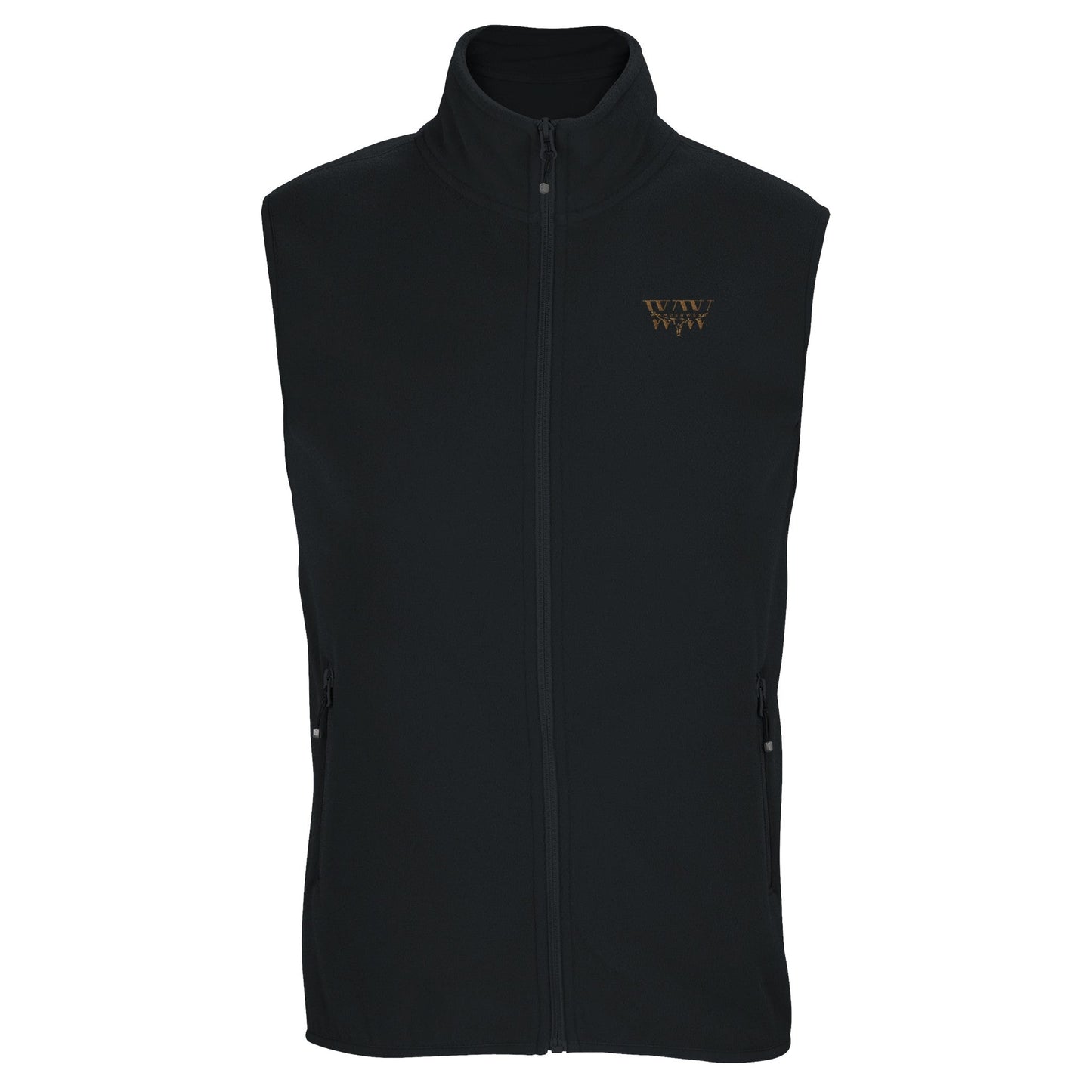 Unisex microfleece zip vest with WanderWest logo, 100% recycled polyester, eco-friendly.