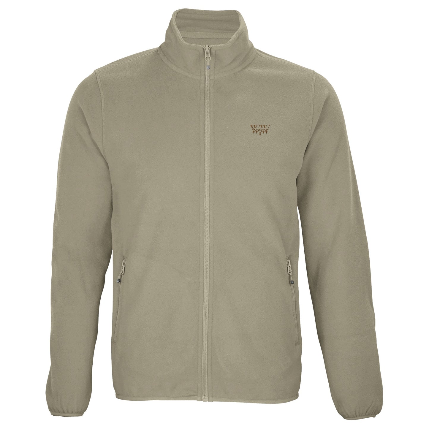 Men's WanderWest logo embroidered fleece jacket, full-length zip, two zip pockets, recycled polyester, beige color.