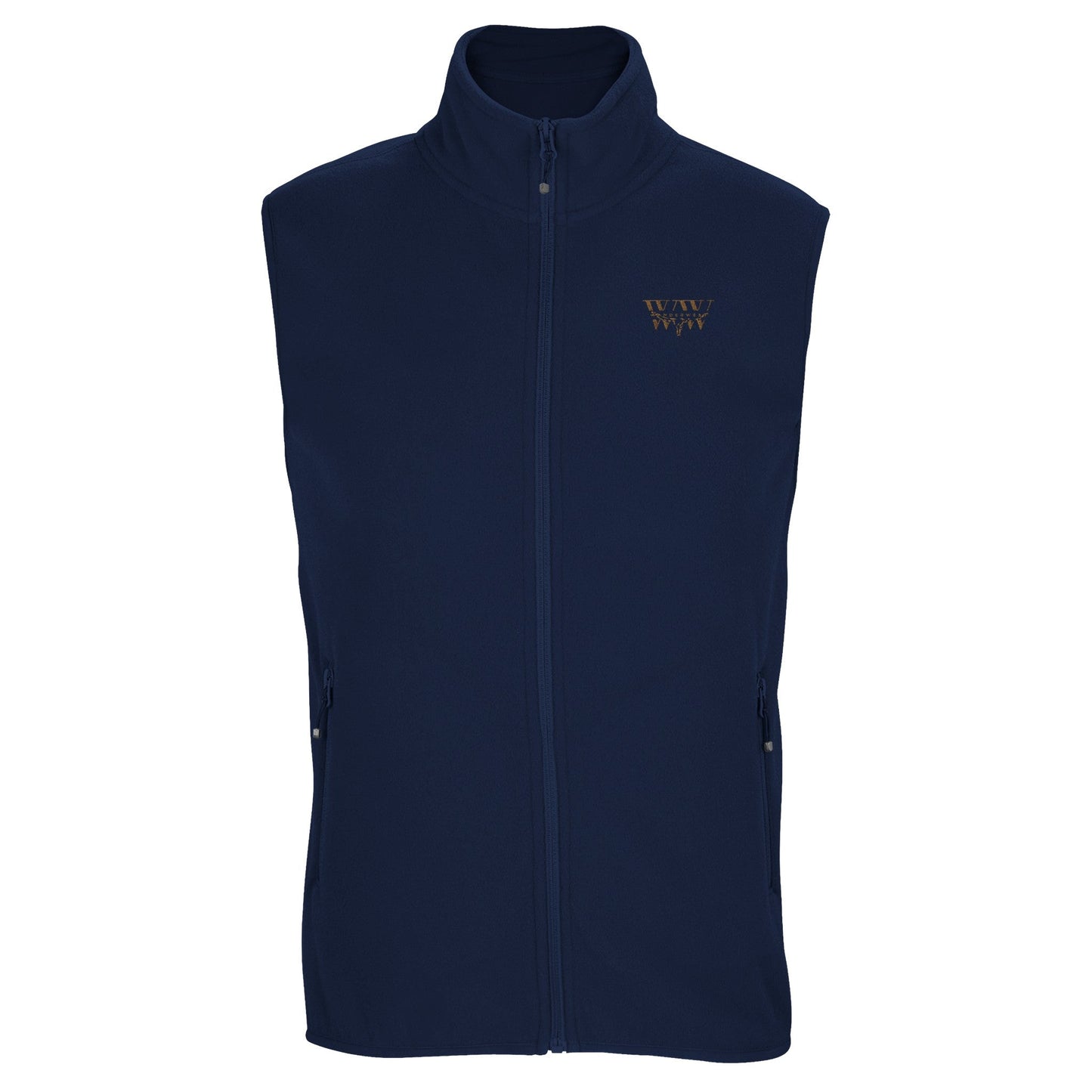 Unisex microfleece vest with WanderWest logo, made from 100% recycled polyester, featuring side zip pockets and elasticated hem.