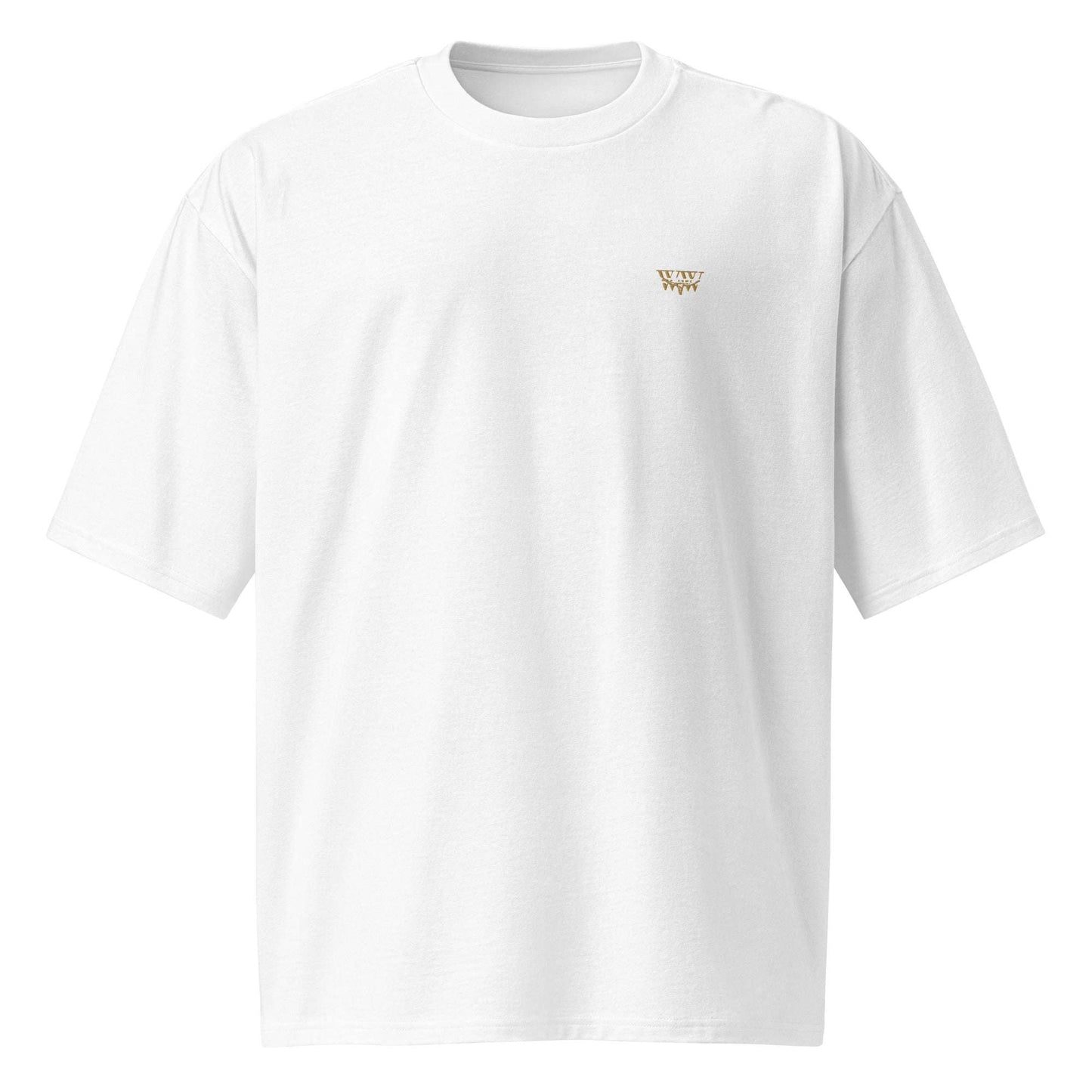 White oversized heavyweight cotton t-shirt with embroidered WanderWest logo on chest, featuring relaxed fit and ribbed collar.