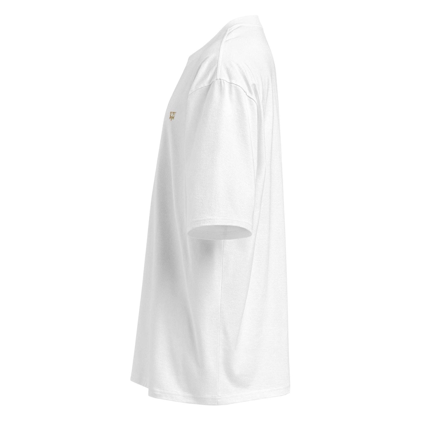 Side view of a white oversized heavyweight WanderWest logo embroidered t-shirt in breathable cotton with a relaxed fit and drop shoulders