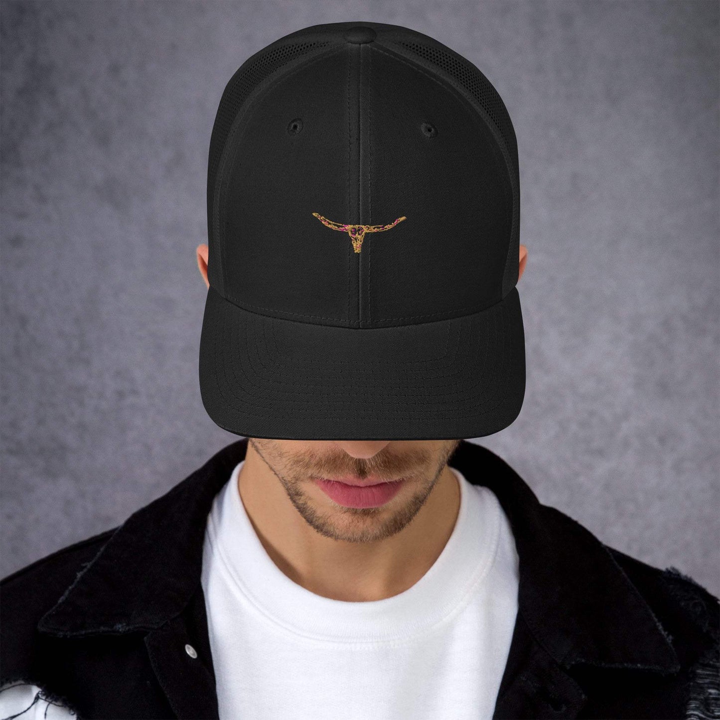 Longhorn Bull Skull Trucker Cap with Mesh Back and Adjustable Closure
