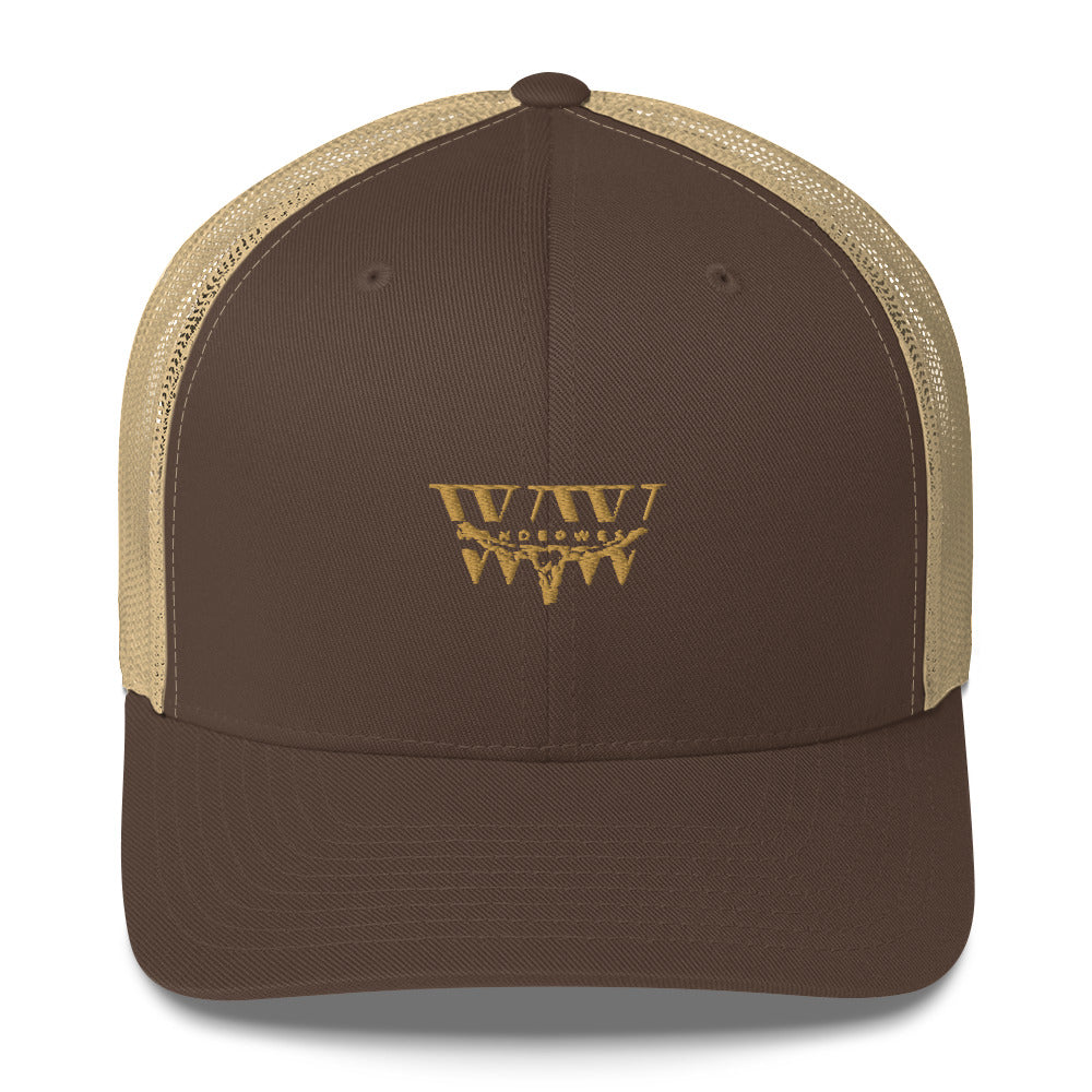 Brown WanderWest Logo Trucker Cap with mesh back and embroidered logo.