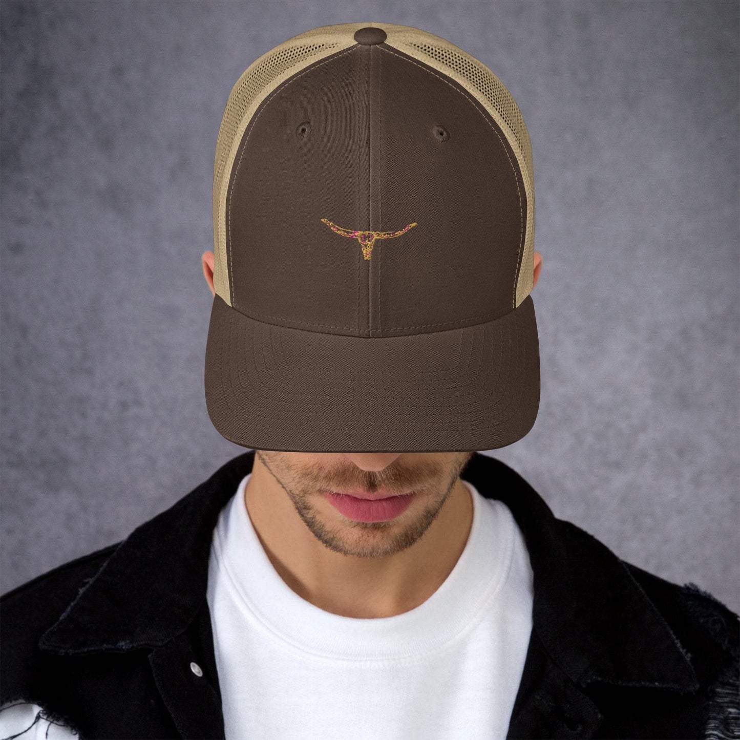 Longhorn Bull Skull Trucker Cap with mesh back and embroidered design.