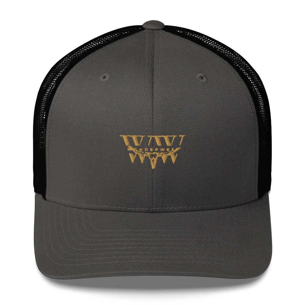 Gray WanderWest logo trucker cap with mesh back and adjustable closure