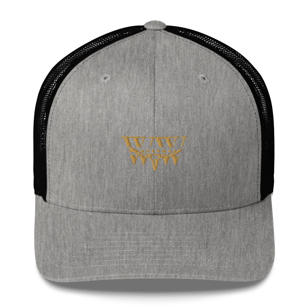 Gray WanderWest logo trucker cap with black mesh back and adjustable closure