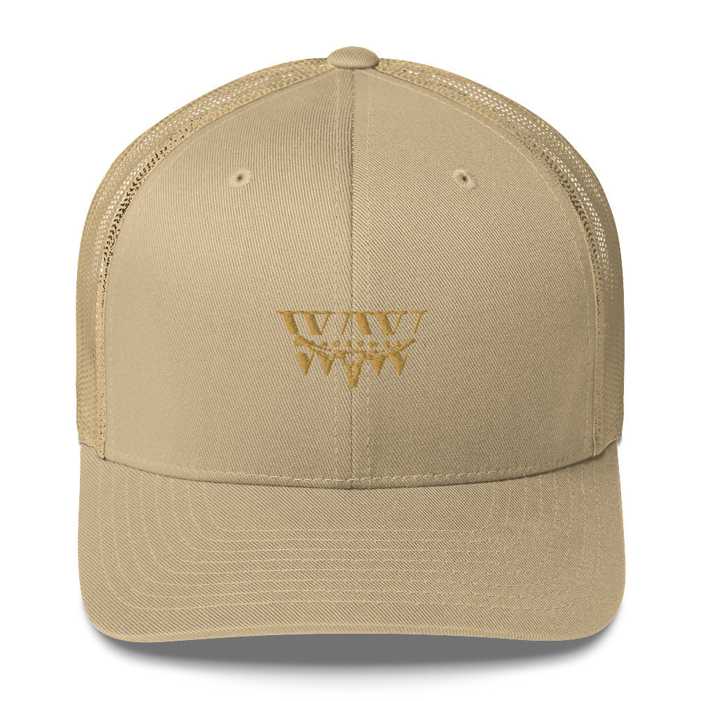 WanderWest Logo Trucker Cap with mesh back and embroidered logo.
