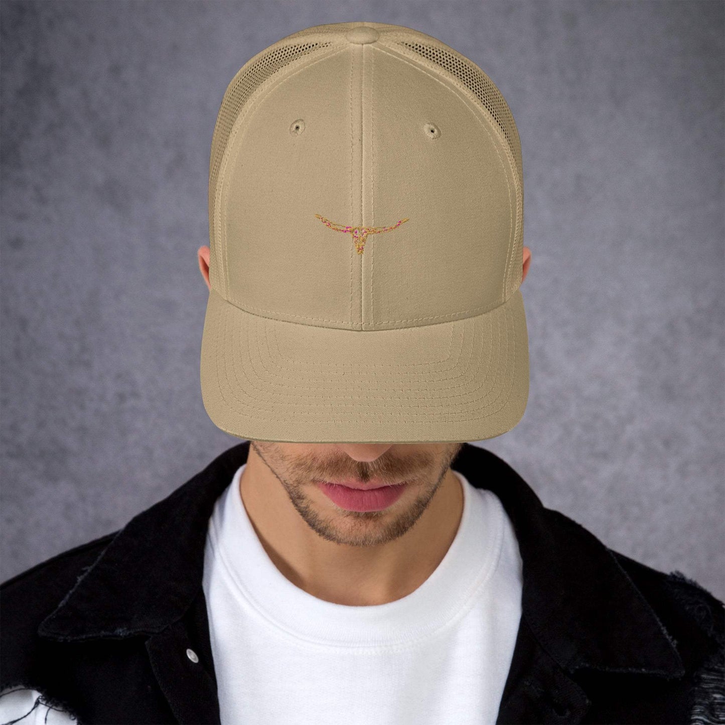 Longhorn Bull Skull embroidered trucker cap with mesh back, structured, mid-profile design.