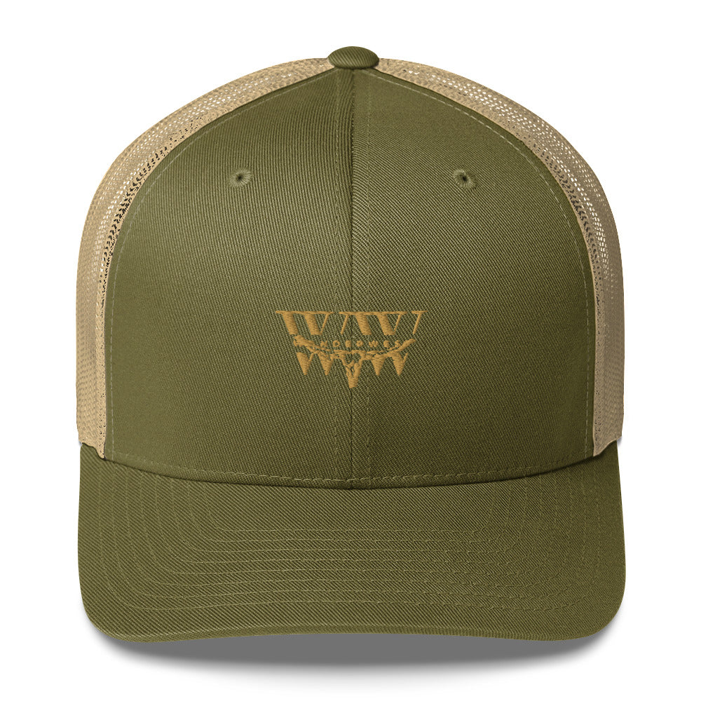 Olive green WanderWest logo trucker cap with mesh back.