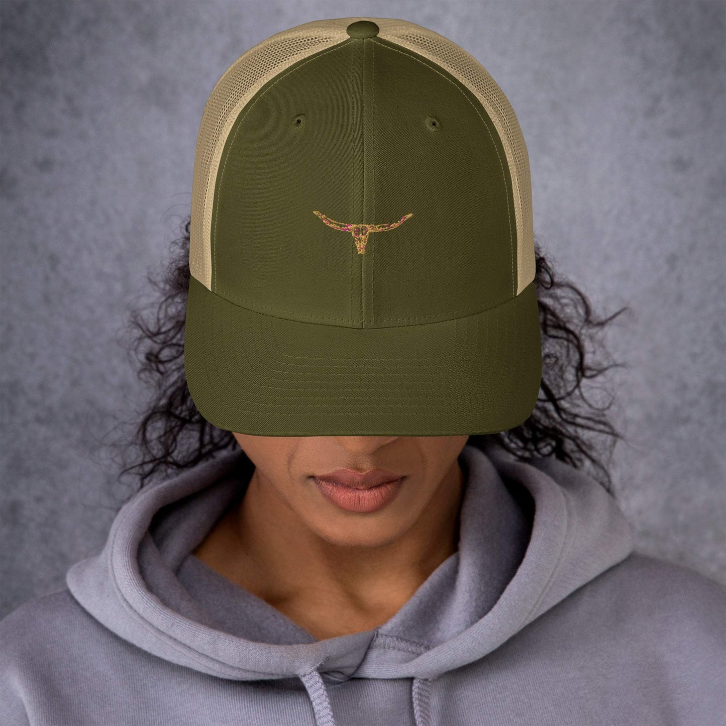 Longhorn Bull Skull embroidered trucker cap with mesh back.