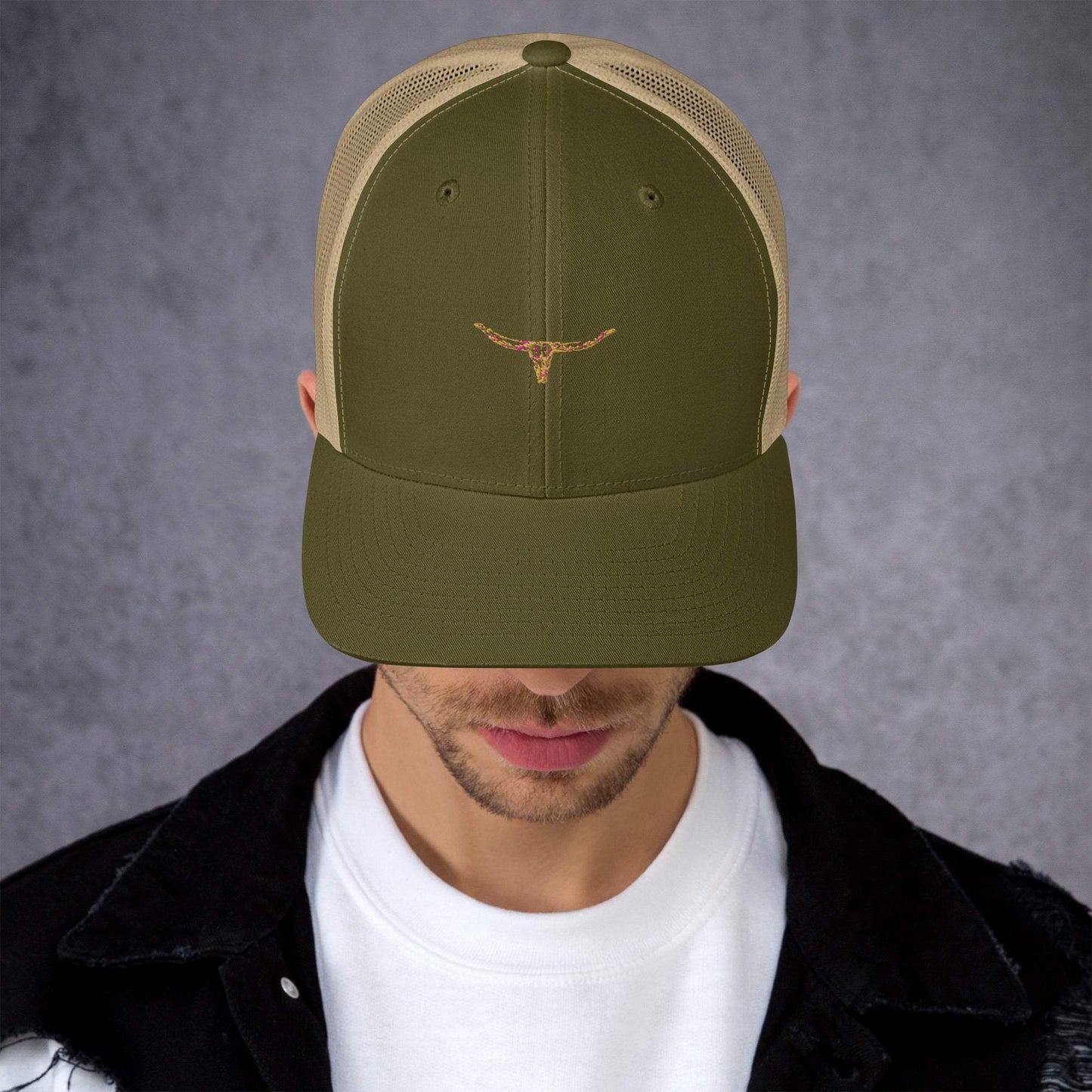 Longhorn Bull Skull Trucker Cap with mesh back and adjustable closure.