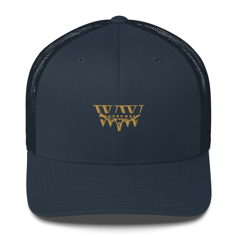 Navy blue WanderWest logo trucker cap with mesh back and adjustable