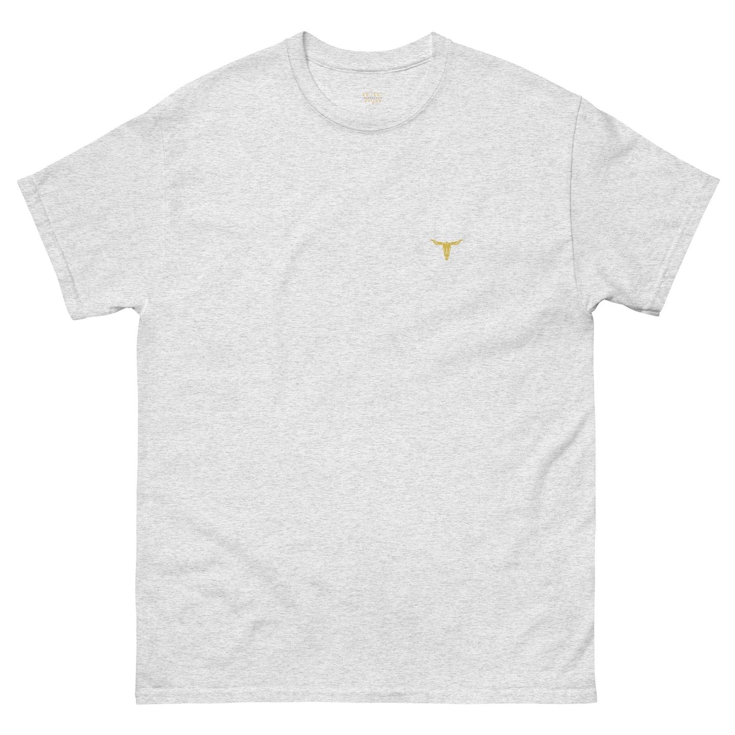 Bull Horn Unisex classic tee in light grey with small yellow bull horn logo on chest, 100% cotton short sleeve crew neck design
