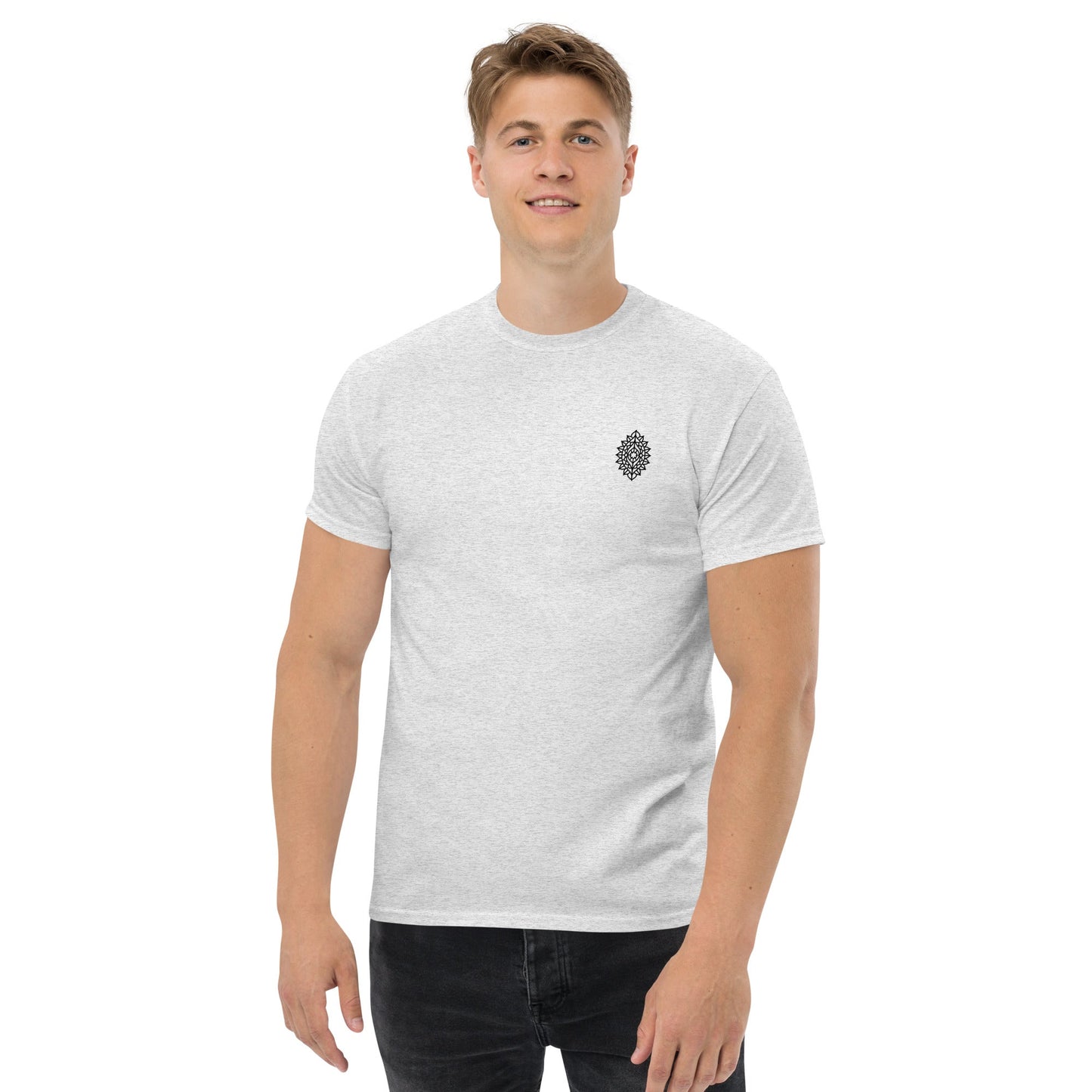 Manadala Unisex classic tee in light grey, featuring a small black design on the chest, perfect for a structured, trendy look.