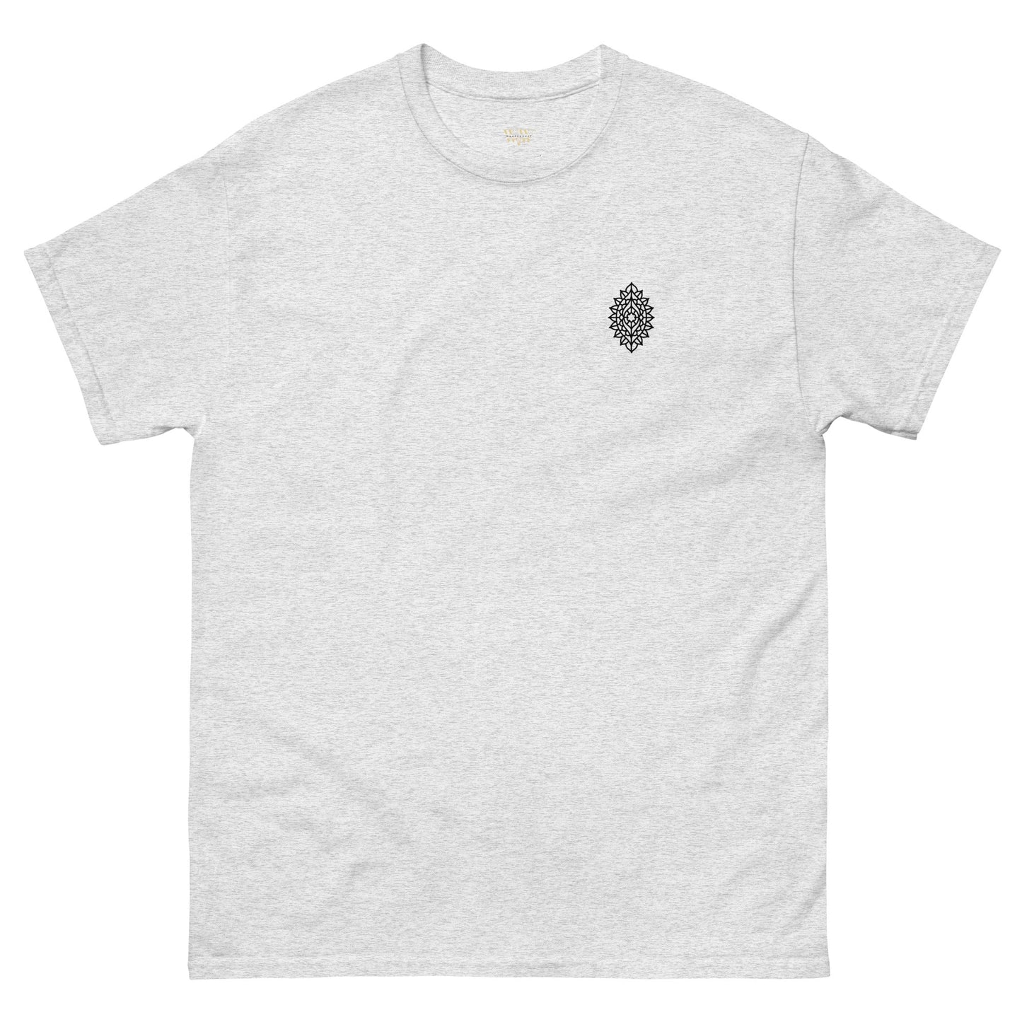 Manadala Unisex classic tee in light grey cotton with black mandala design on chest.