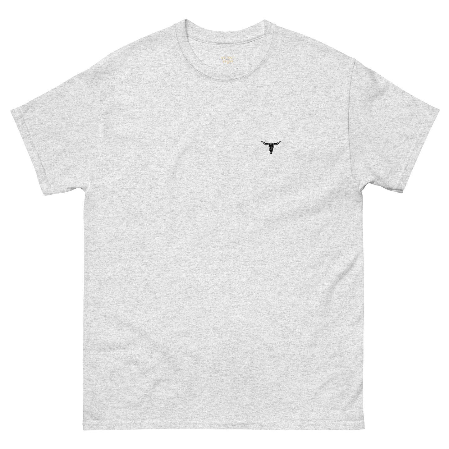Grey unisex classic cotton tee with small black bull skull graphic on chest, casual streetwear style.