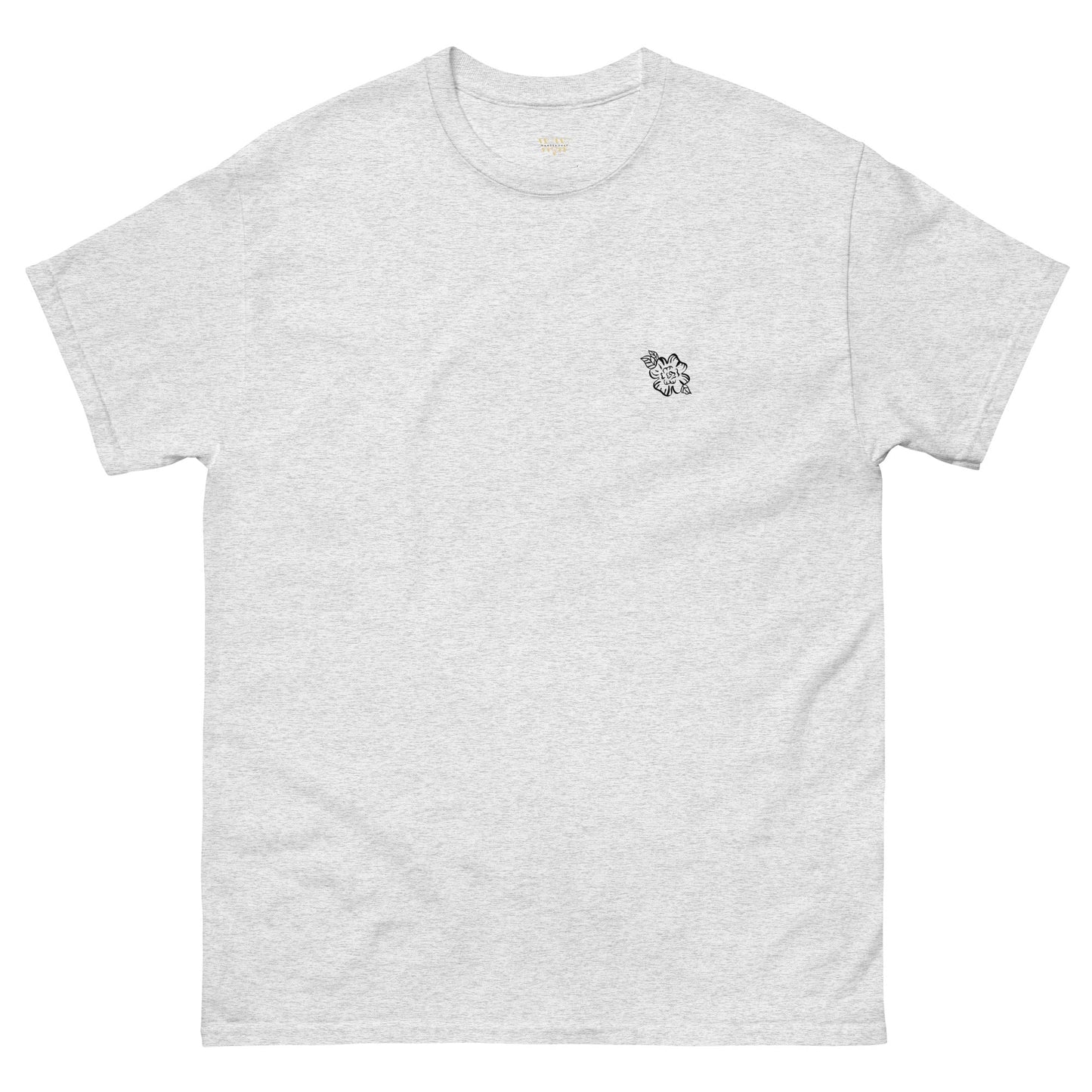 Floral Unisex Classic Tee in sport grey with small floral graphic on chest, made of 100% cotton for structured streetwear look