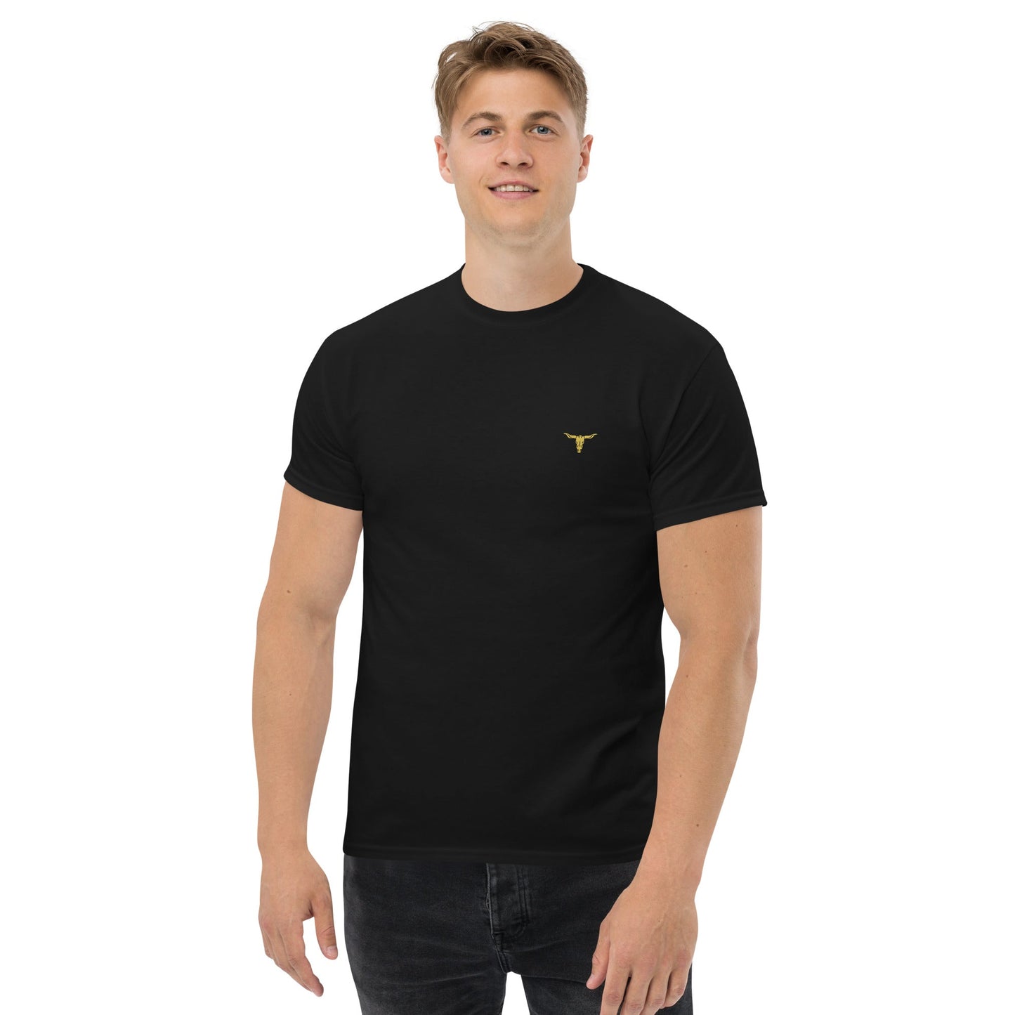 Man wearing black Bull Horn unisex classic cotton tee with small bull horn logo on chest