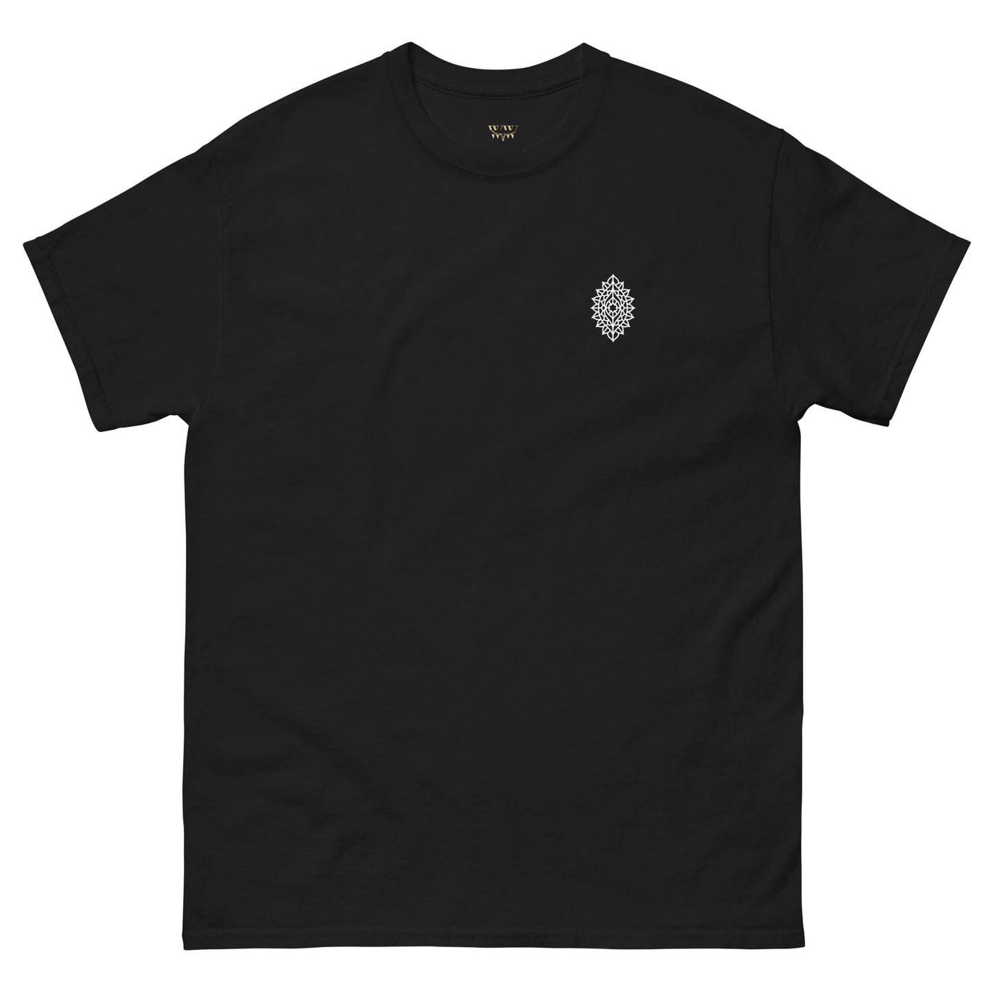 Mandala Unisex classic tee in black with small design on chest, 100% cotton, perfect for streetwear layering.