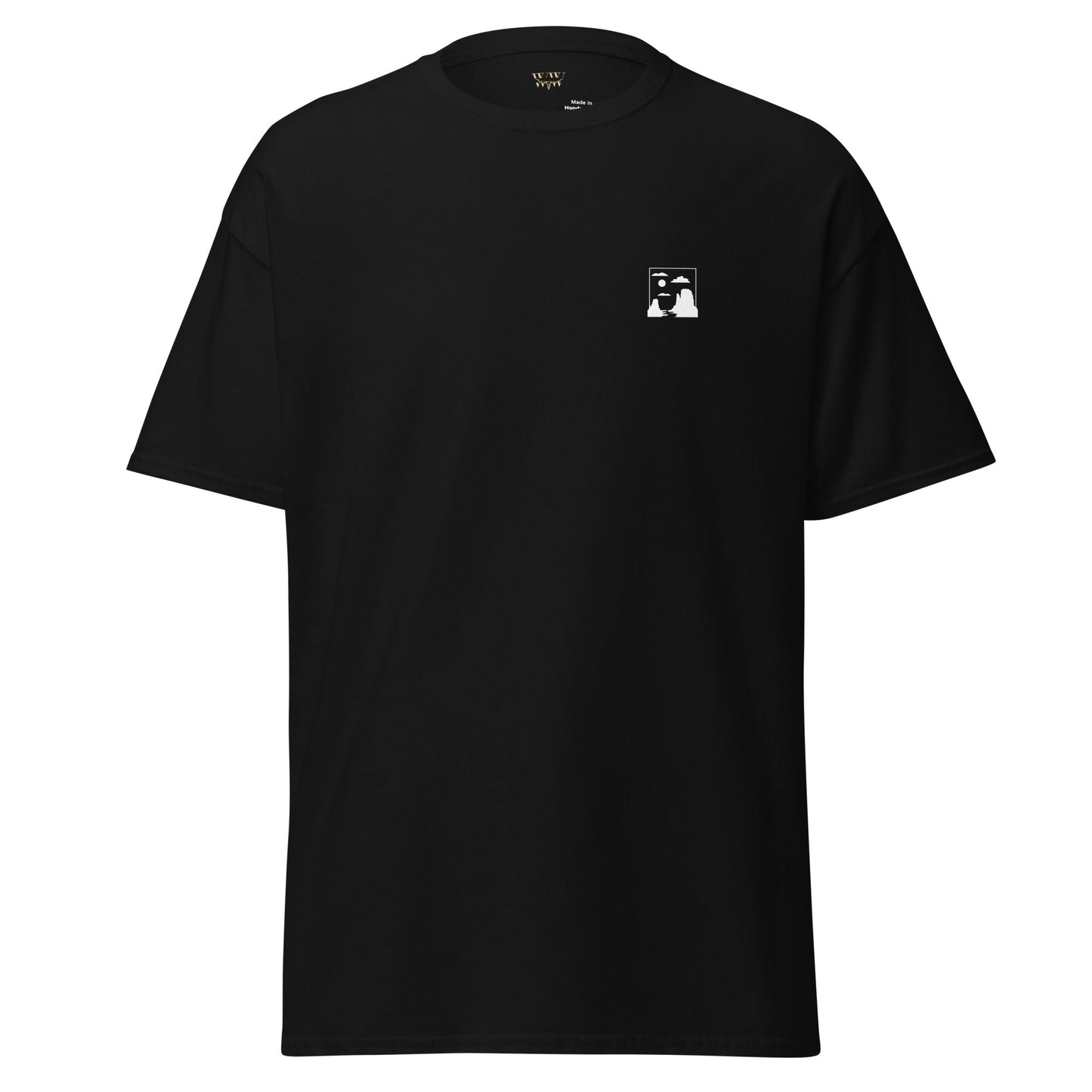 Monument Valley Unisex classic tee, black cotton t-shirt with front graphic design, trendy streetwear.