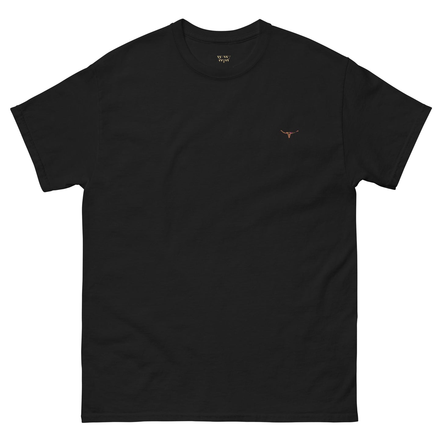 Unisex classic tee with embroidered long horn skull design, black, 100% cotton.