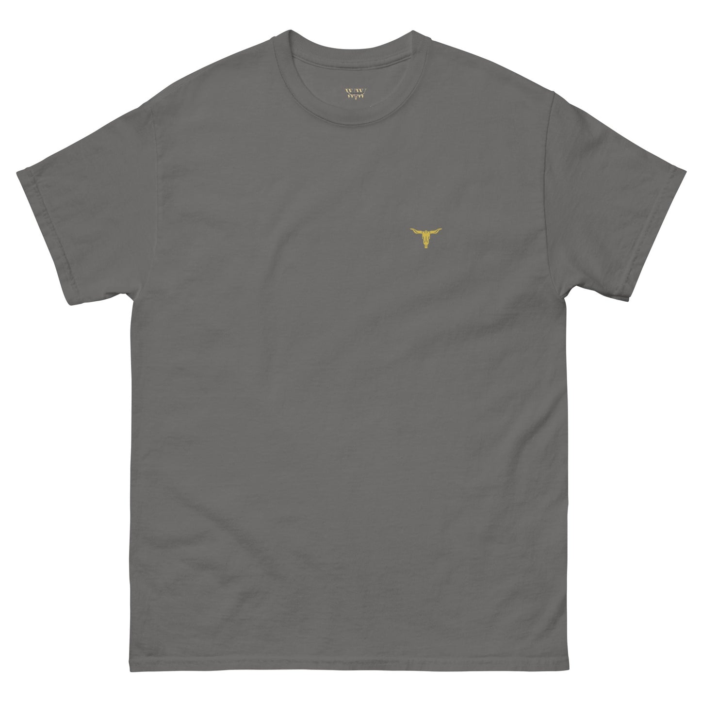 Grey Bull Horn unisex classic cotton tee with small yellow bull horn logo on chest