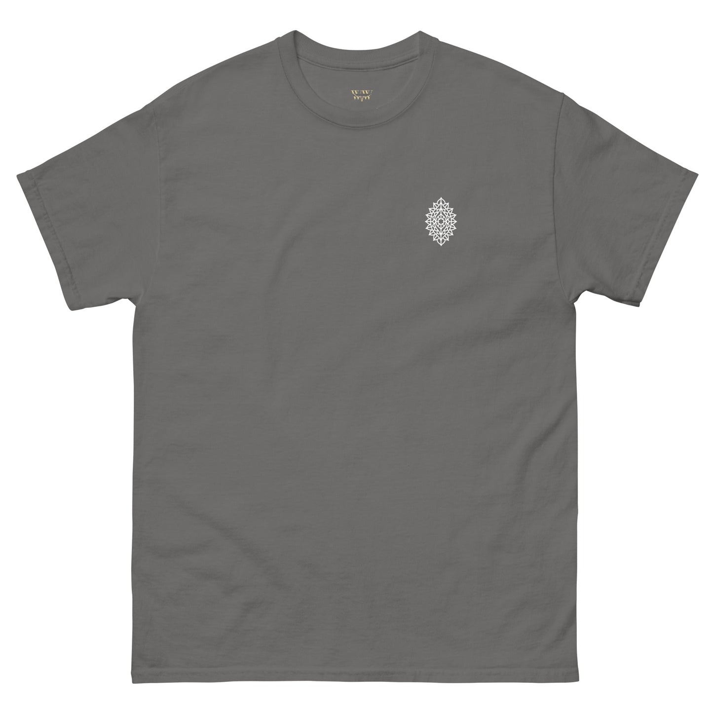 Mandala Unisex classic tee in gray with mandala design, 100% cotton, trendy streetwear style.