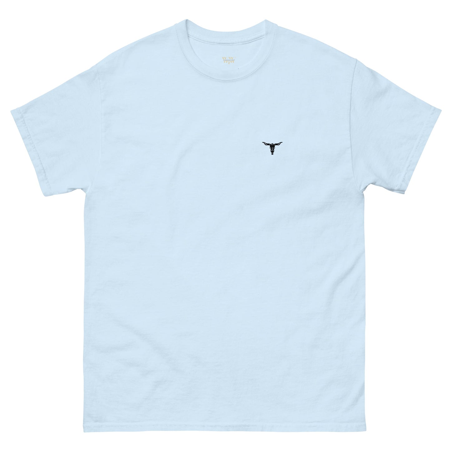 Unisex light blue cotton t-shirt with small black bull skull graphic on chest, classic fit and short sleeves