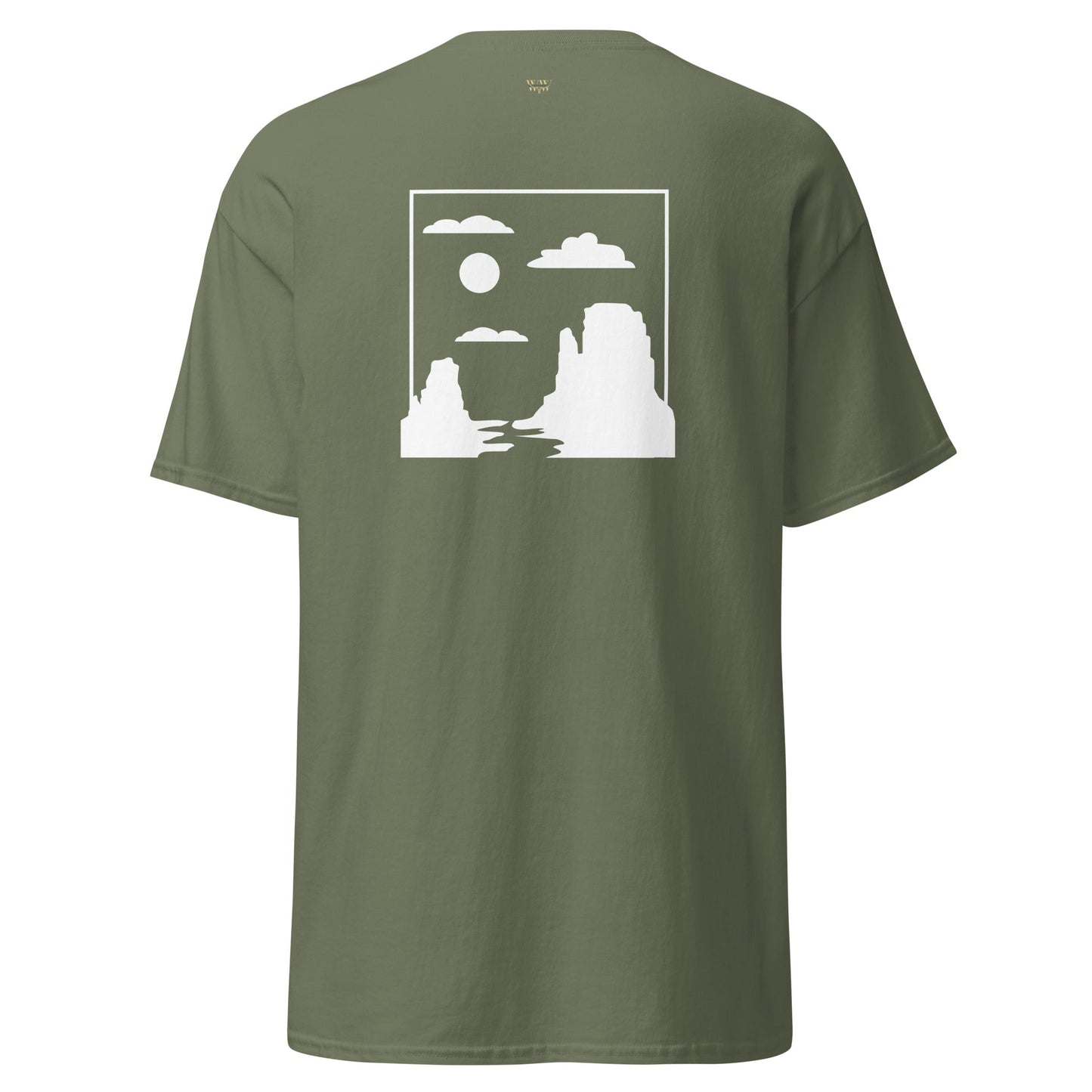 Monument Valley Unisex classic tee in olive green with white desert landscape graphic.