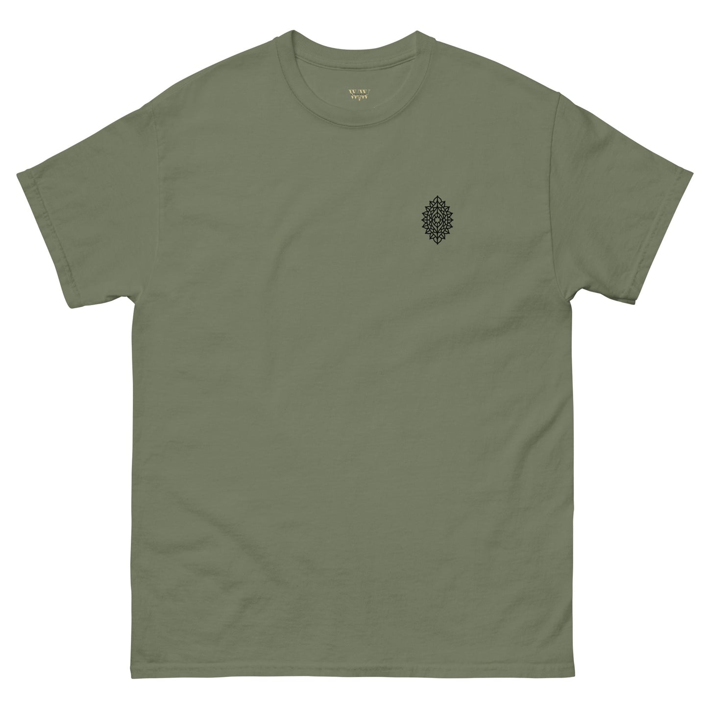 Manadala Unisex classic tee in olive color with a minimalist mandala design on the chest.
