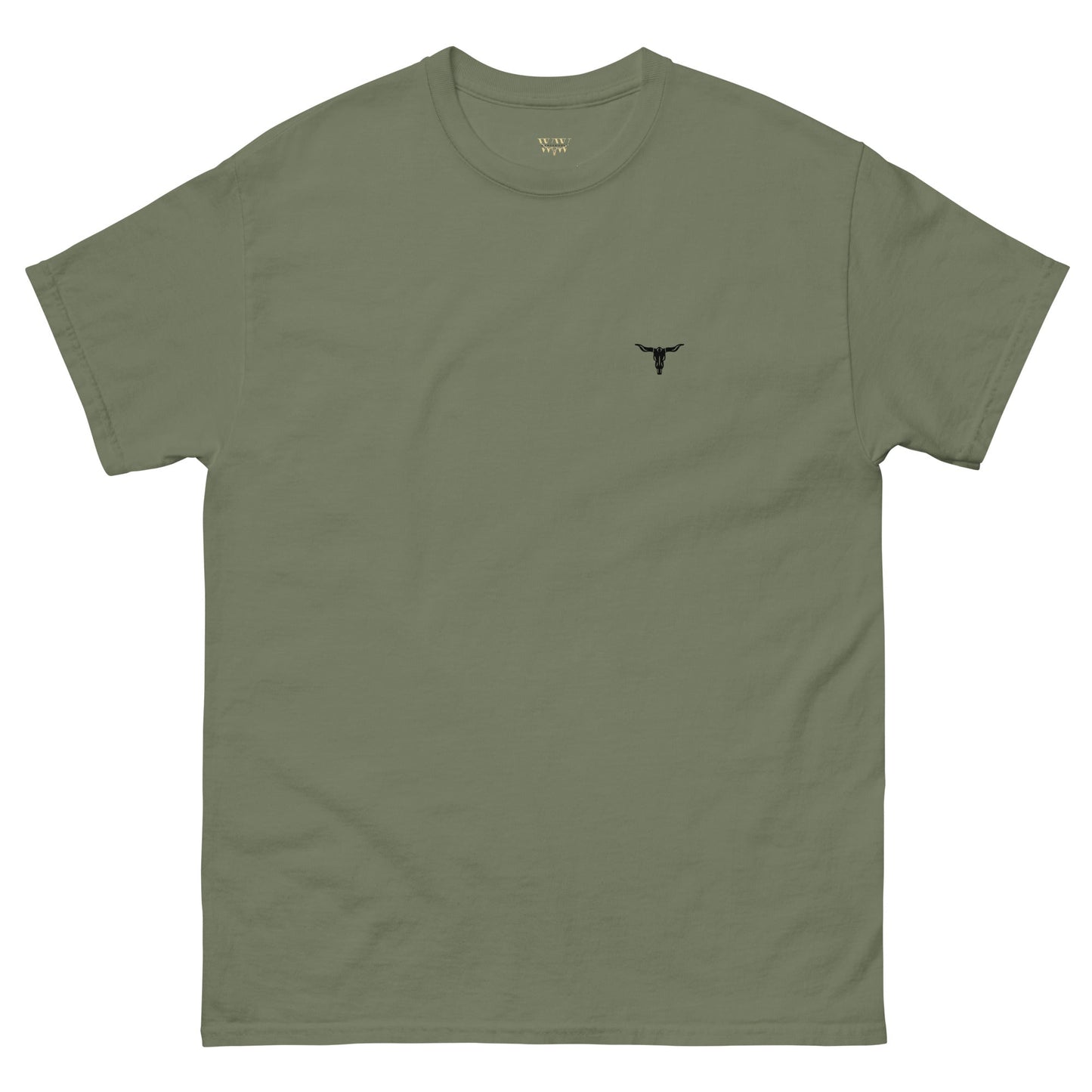 Olive green unisex classic cotton t-shirt with small black bull skull graphic on chest