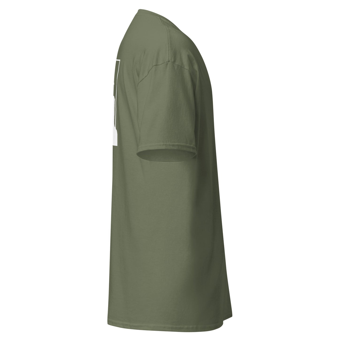 Monument Valley Unisex classic tee in olive green, side view.