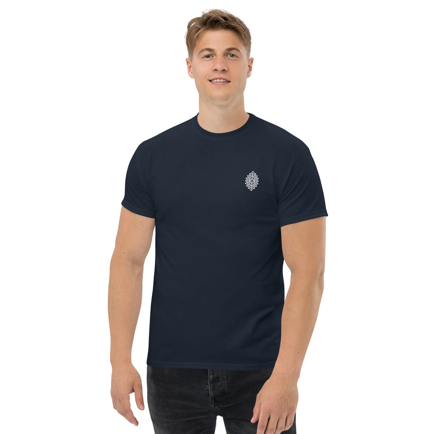 Mandala Unisex classic tee in navy blue with a subtle mandala design, made from soft 100% cotton for a structured streetwear look.
