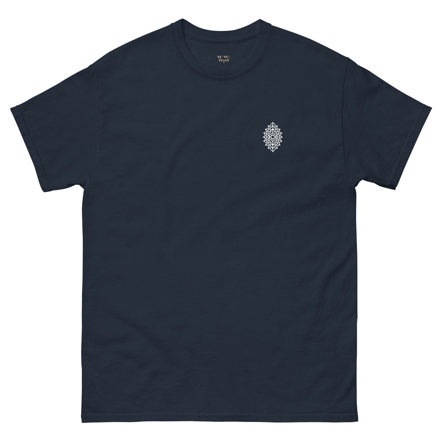 Mandala Unisex classic tee in navy blue, featuring a subtle mandala design on the chest.
