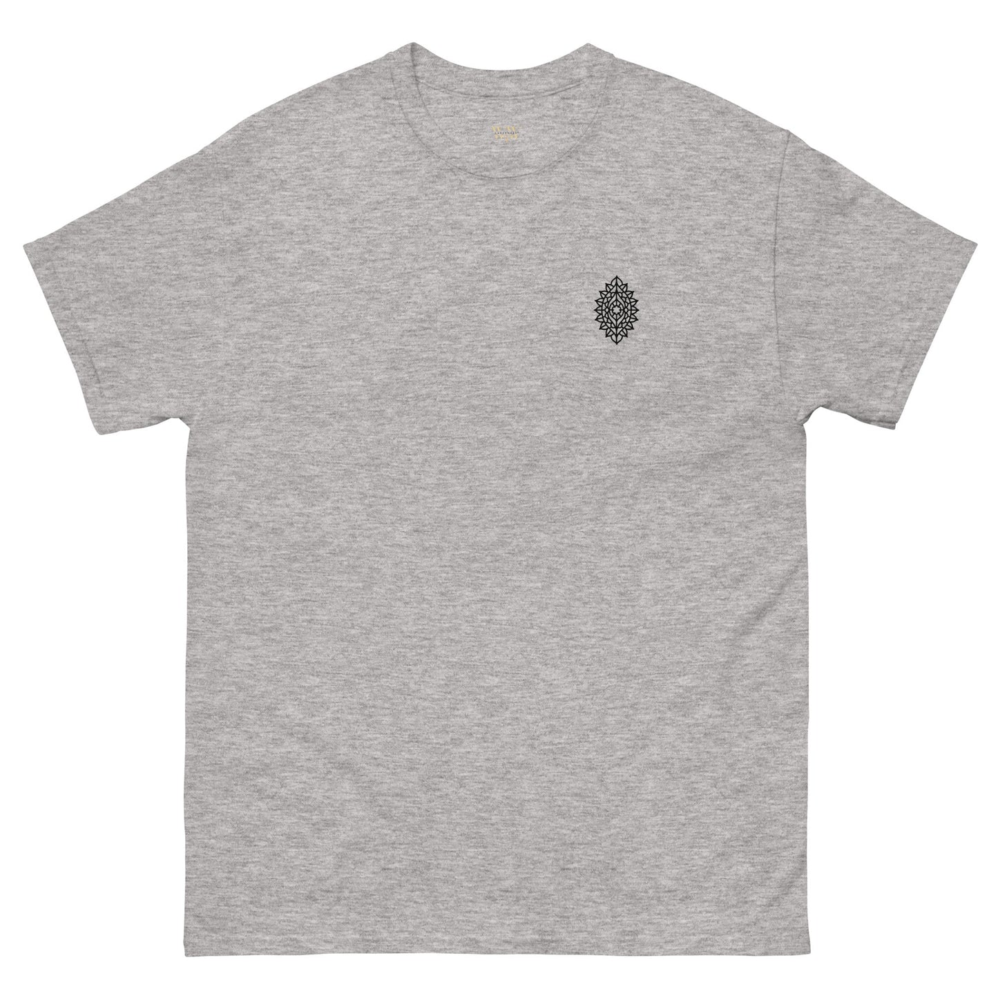 Mandala Unisex classic tee in grey with minimalistic design, 100% cotton, perfect for streetwear outfits.