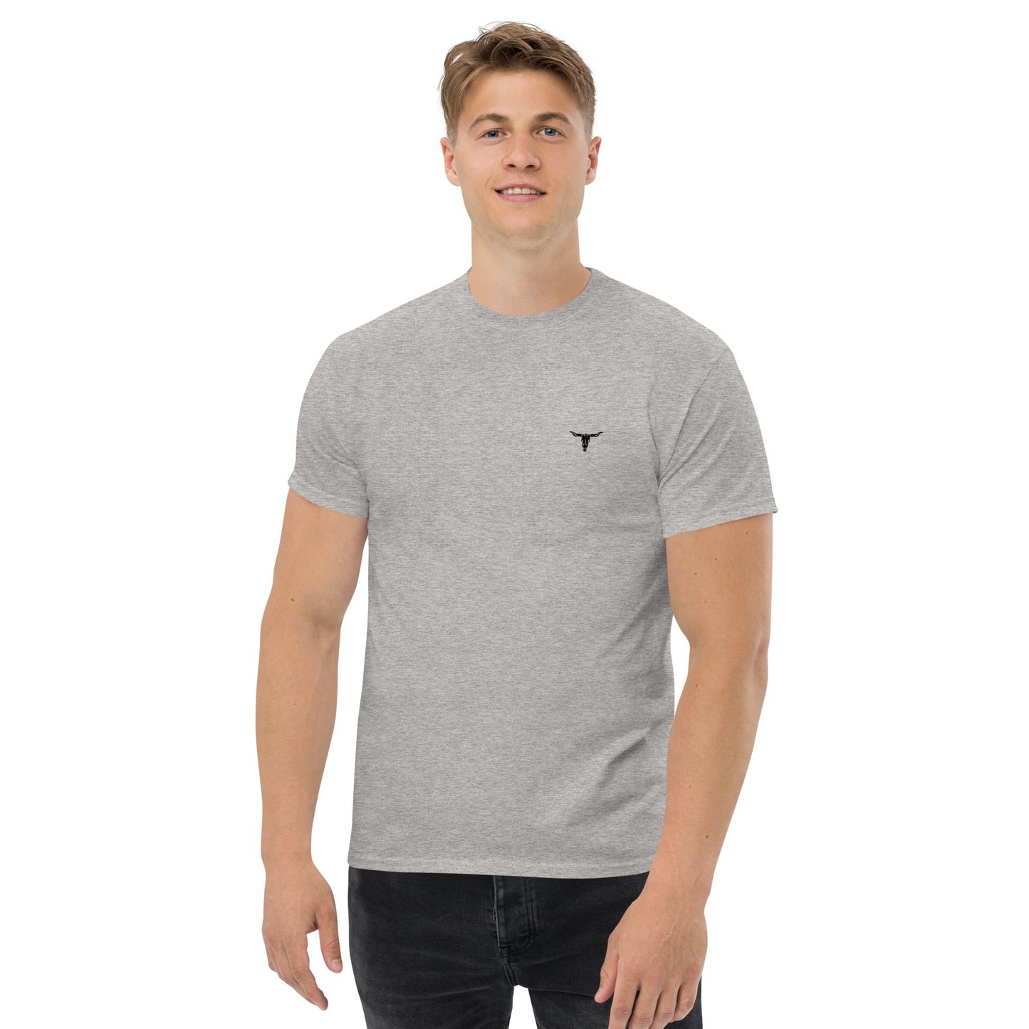 Unisex classic grey tee with small bull skull logo on chest, made of 100% cotton for structured streetwear look