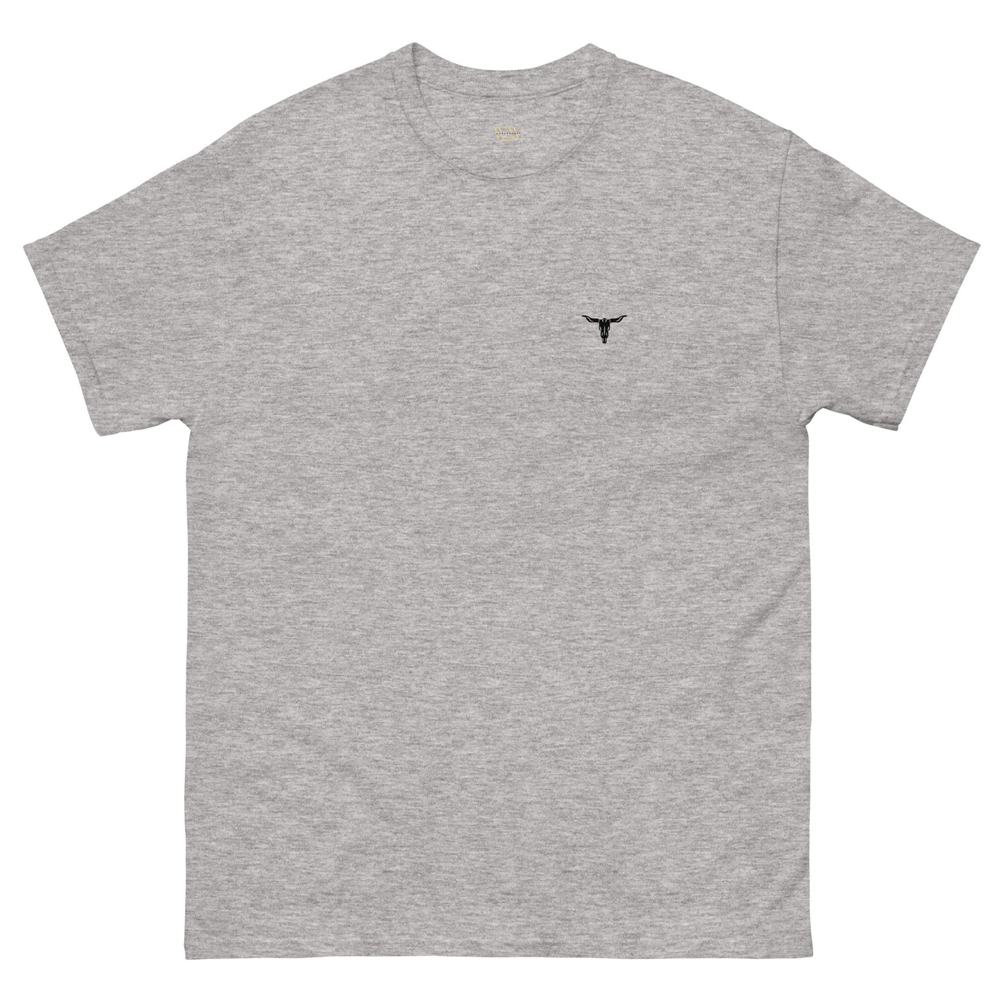 Bull Skull Unisex classic grey tee with subtle bull skull design, 100% cotton.