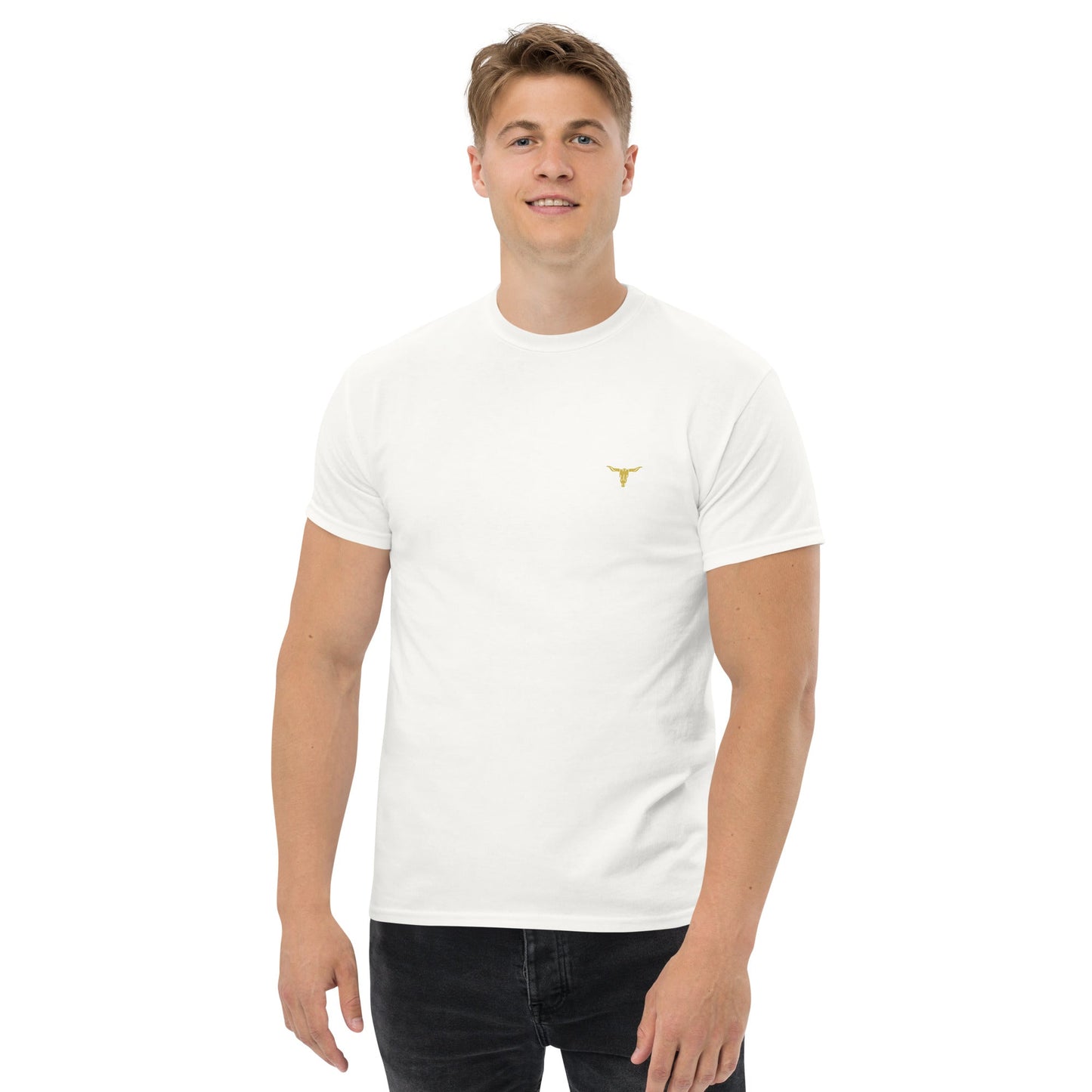 Man wearing a white Bull Horn unisex classic cotton tee with a small gold bull horn logo on chest.