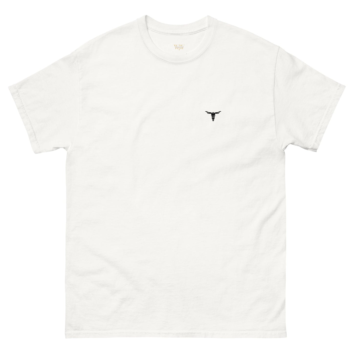 White unisex classic cotton tee with small black bull skull logo on chest, perfect for streetwear layering