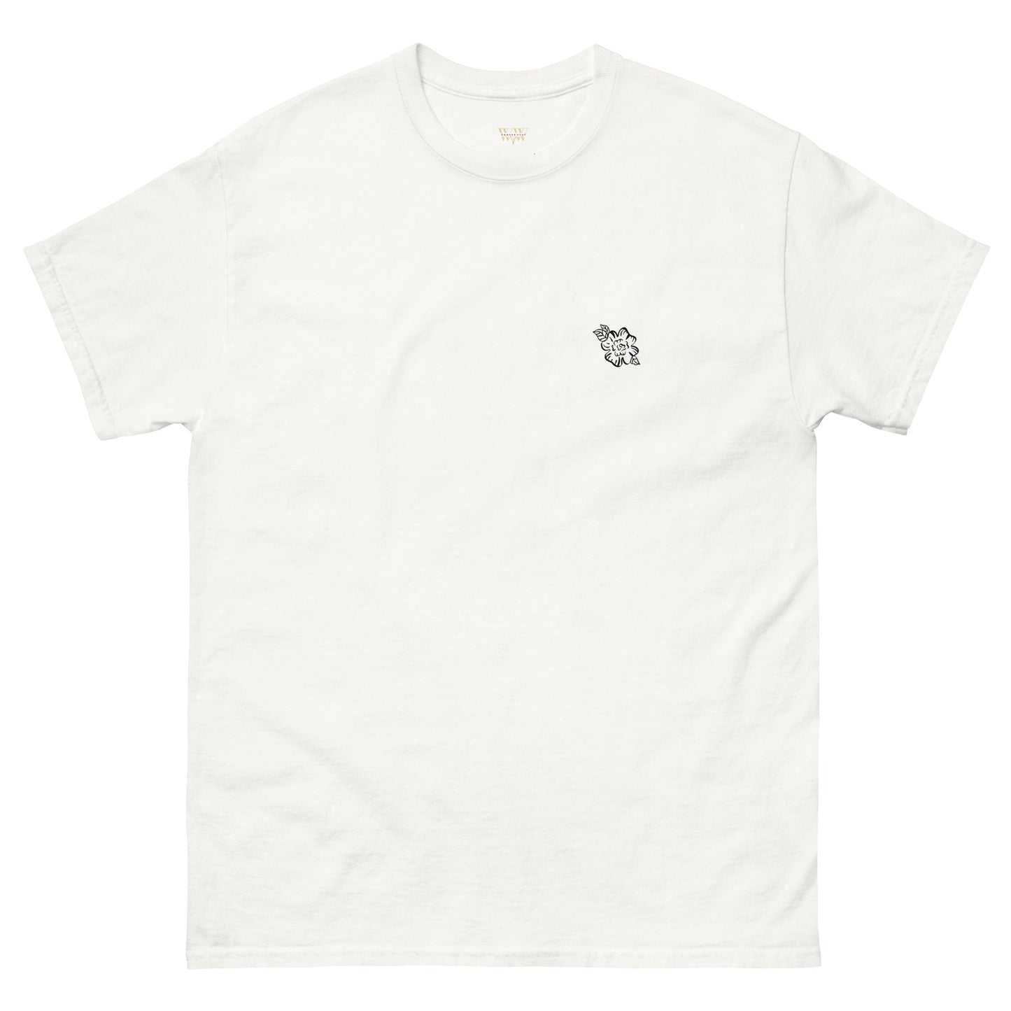 White Floral Unisex Classic Tee made of 100% cotton with a small floral design on the chest.
