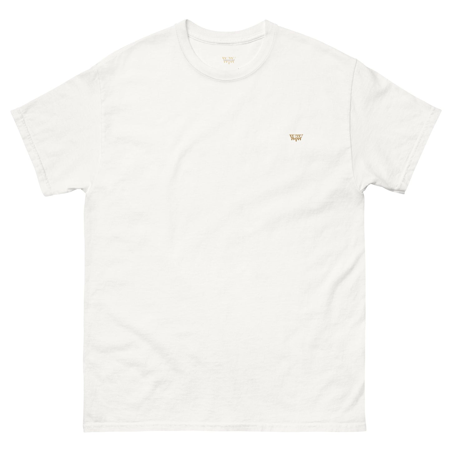 White unisex classic cotton tee with small embroidered WanderWest logo on chest