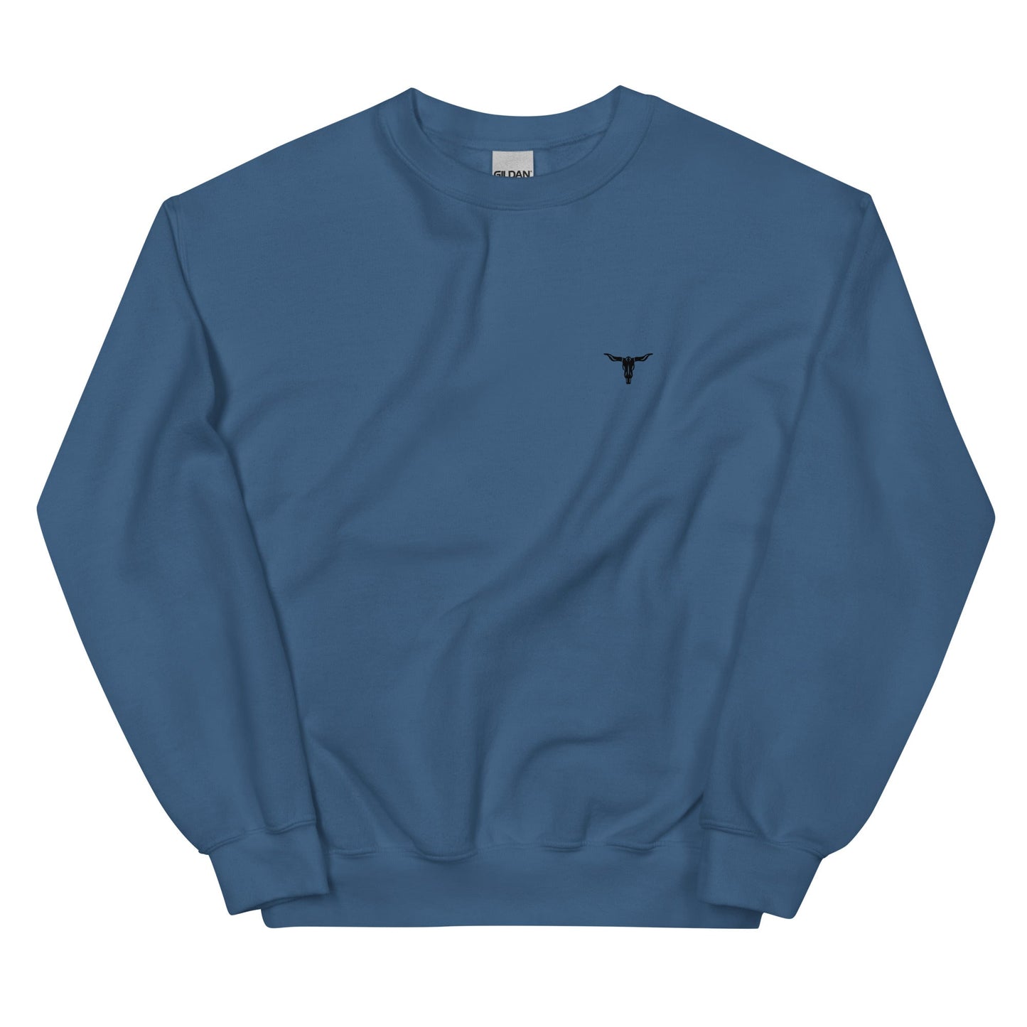 Blue Bull Skull unisex sweatshirt with classic fit and small black bull skull logo on chest