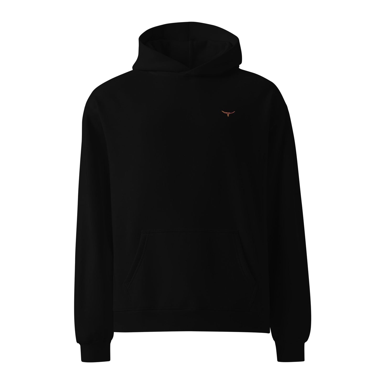 Unisex oversized hoodie with long horn skull embroidery, features kangaroo pocket and lined hood.