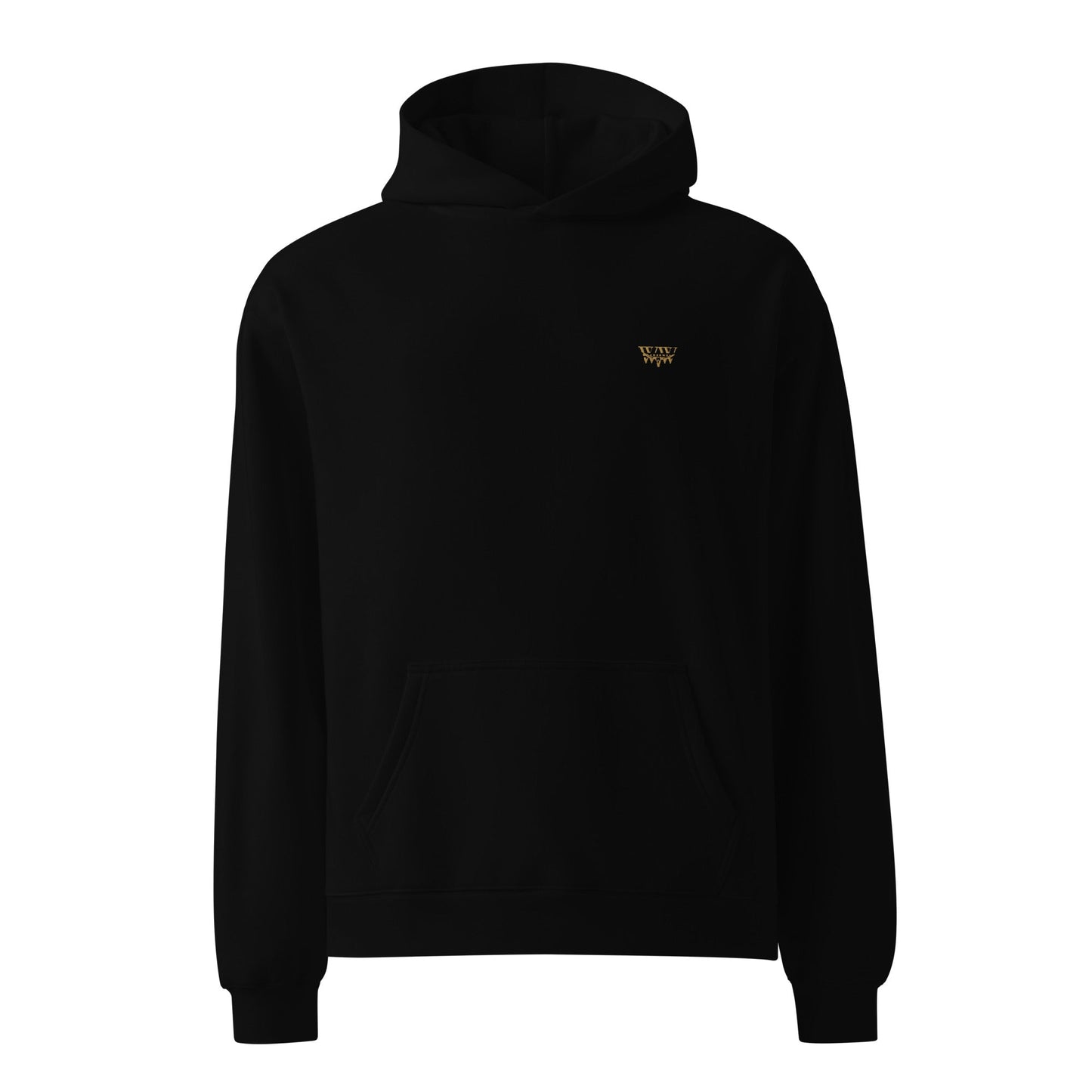 Black unisex oversized hoodie with embroidered WanderWest logo, kangaroo pocket, and relaxed fit made from soft cotton-polyester