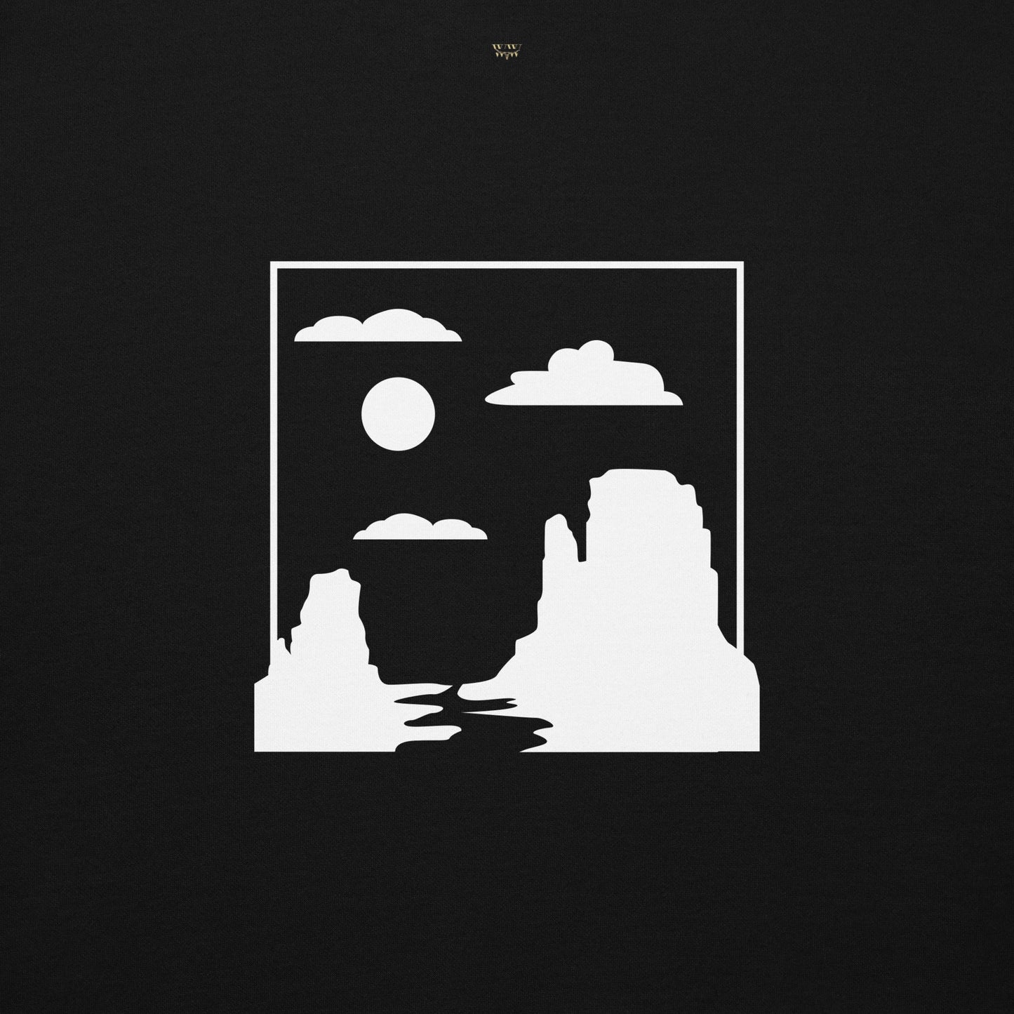 Black hoodie with a white minimalist Monument Valley landscape graphic featuring rock formations, clouds, and sun.
