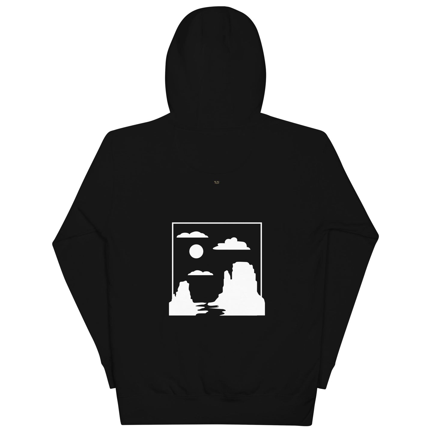Black unisex hoodie with white Monument Valley landscape graphic on the back, featuring a warm hood and front pouch pocket.