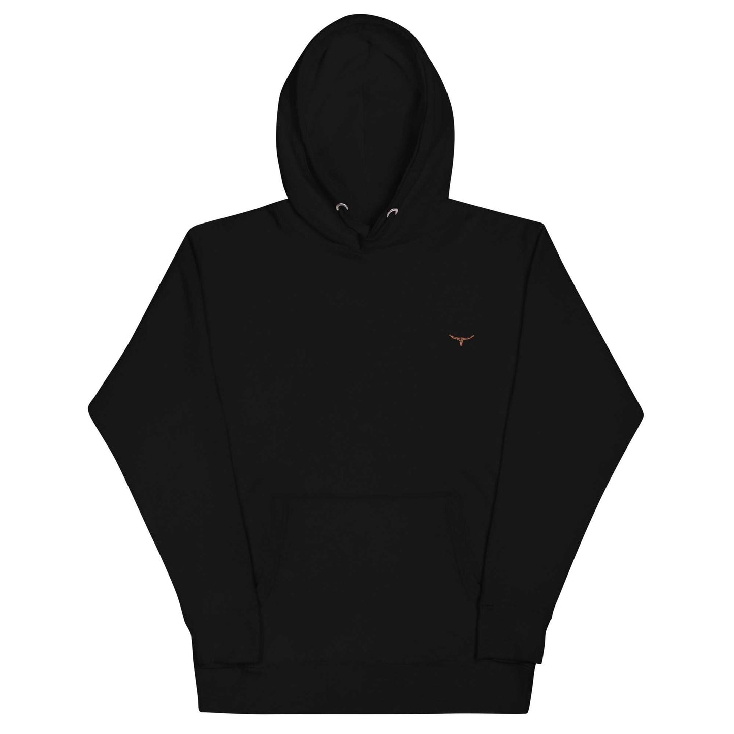 Black unisex hoodie with small embroidered long horn skull design, front pouch pocket, and adjustable hood strings.