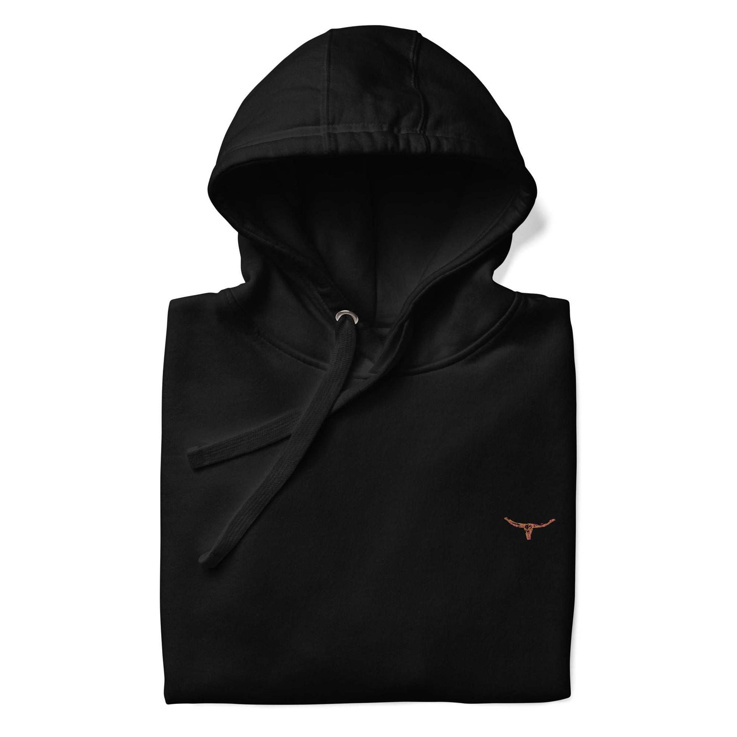 Black Long Horn Skull Hoodie with embroidery and drawstrings.